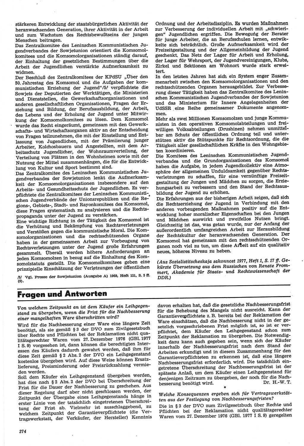 Neue Justiz (NJ), Zeitschrift für Recht und Rechtswissenschaft-Zeitschrift, sozialistisches Recht und Gesetzlichkeit, 31. Jahrgang 1977, Seite 274 (NJ DDR 1977, S. 274)