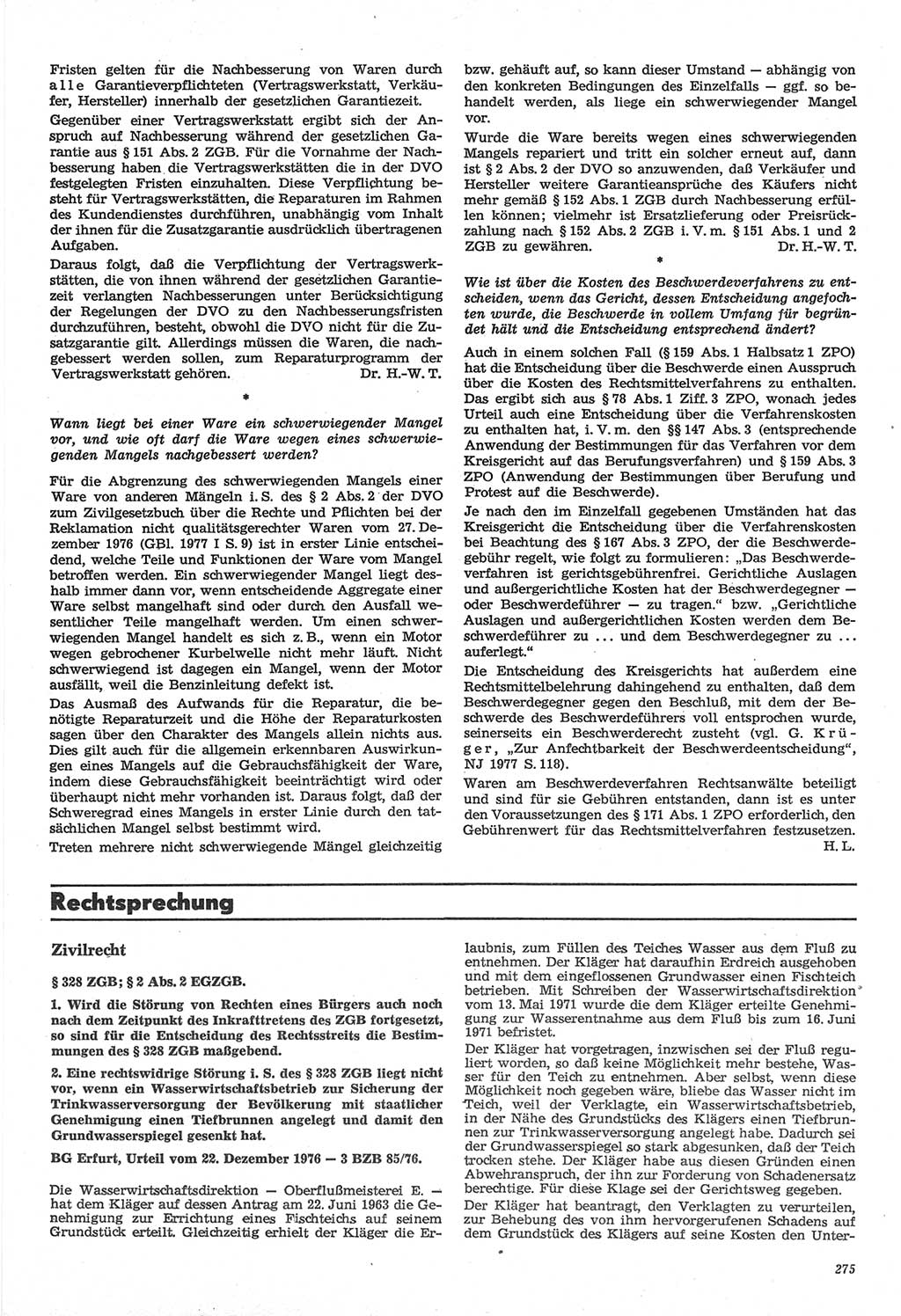 Neue Justiz (NJ), Zeitschrift für Recht und Rechtswissenschaft-Zeitschrift, sozialistisches Recht und Gesetzlichkeit, 31. Jahrgang 1977, Seite 275 (NJ DDR 1977, S. 275)