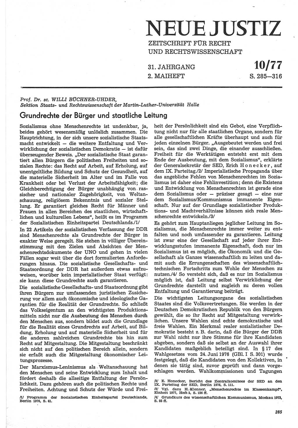 Neue Justiz (NJ), Zeitschrift für Recht und Rechtswissenschaft-Zeitschrift, sozialistisches Recht und Gesetzlichkeit, 31. Jahrgang 1977, Seite 285 (NJ DDR 1977, S. 285)