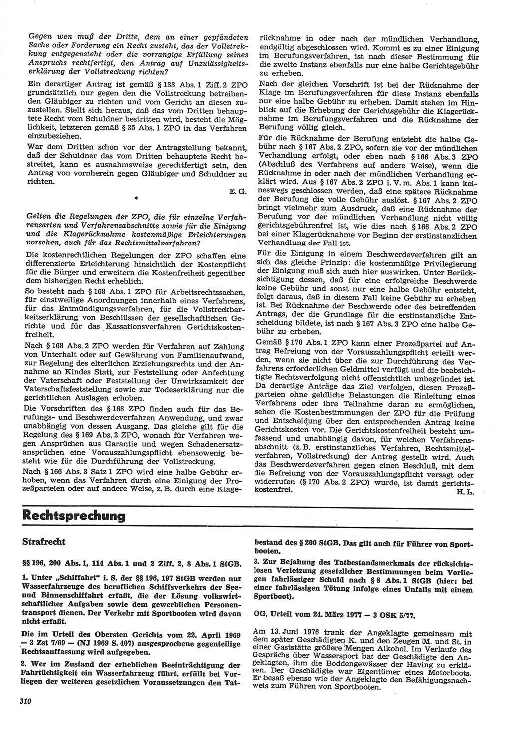Neue Justiz (NJ), Zeitschrift für Recht und Rechtswissenschaft-Zeitschrift, sozialistisches Recht und Gesetzlichkeit, 31. Jahrgang 1977, Seite 310 (NJ DDR 1977, S. 310)