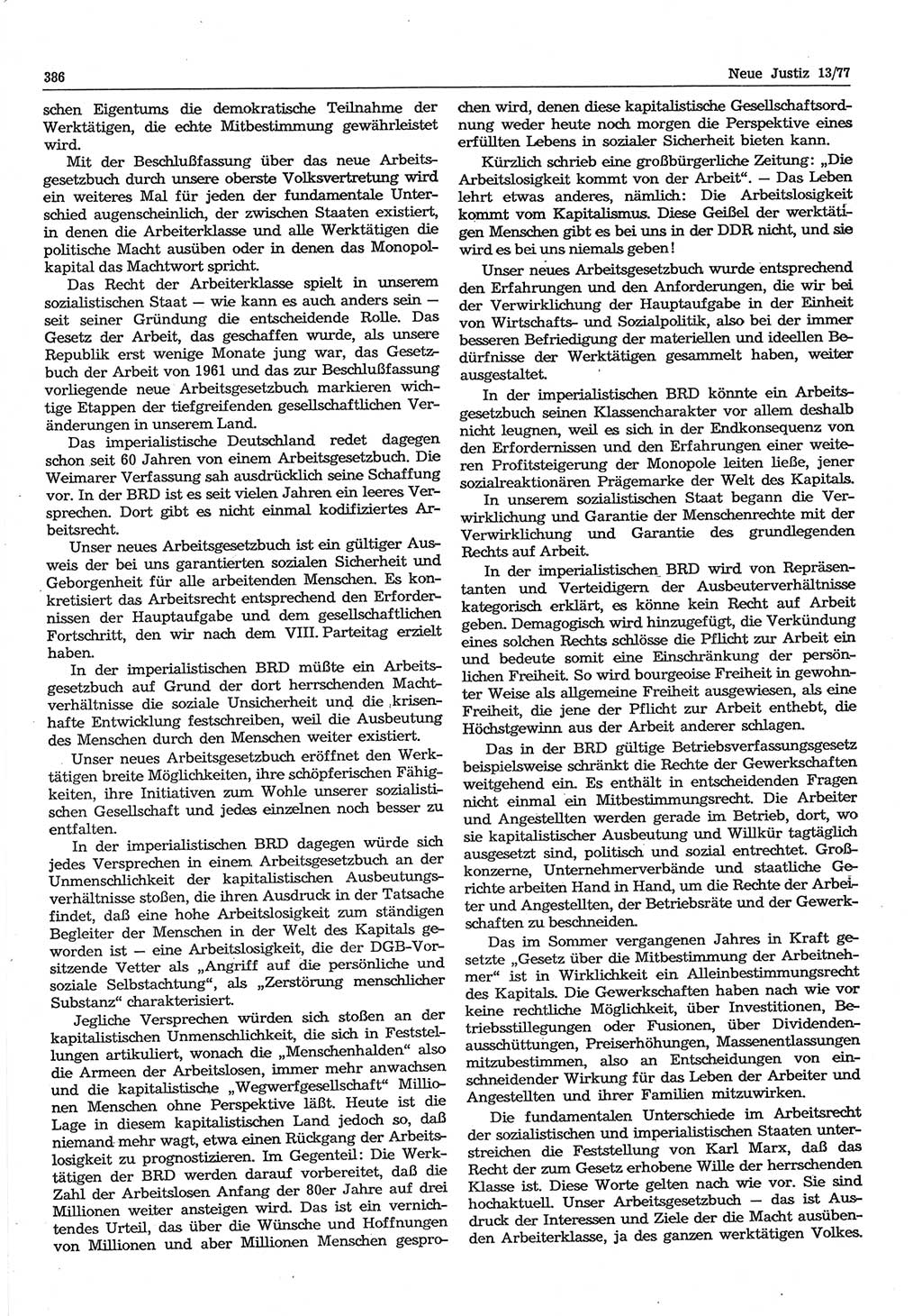 Neue Justiz (NJ), Zeitschrift für Recht und Rechtswissenschaft-Zeitschrift, sozialistisches Recht und Gesetzlichkeit, 31. Jahrgang 1977, Seite 386 (NJ DDR 1977, S. 386)