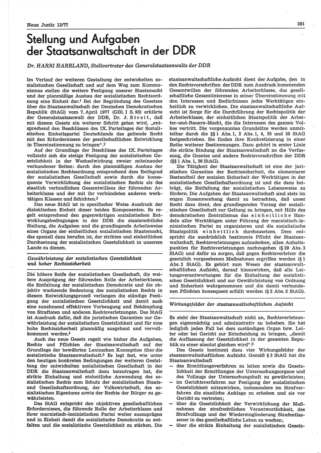 Neue Justiz (NJ), Zeitschrift für Recht und Rechtswissenschaft-Zeitschrift, sozialistisches Recht und Gesetzlichkeit, 31. Jahrgang 1977, Seite 391 (NJ DDR 1977, S. 391)