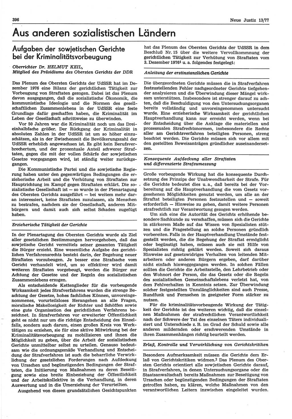 Neue Justiz (NJ), Zeitschrift für Recht und Rechtswissenschaft-Zeitschrift, sozialistisches Recht und Gesetzlichkeit, 31. Jahrgang 1977, Seite 396 (NJ DDR 1977, S. 396)