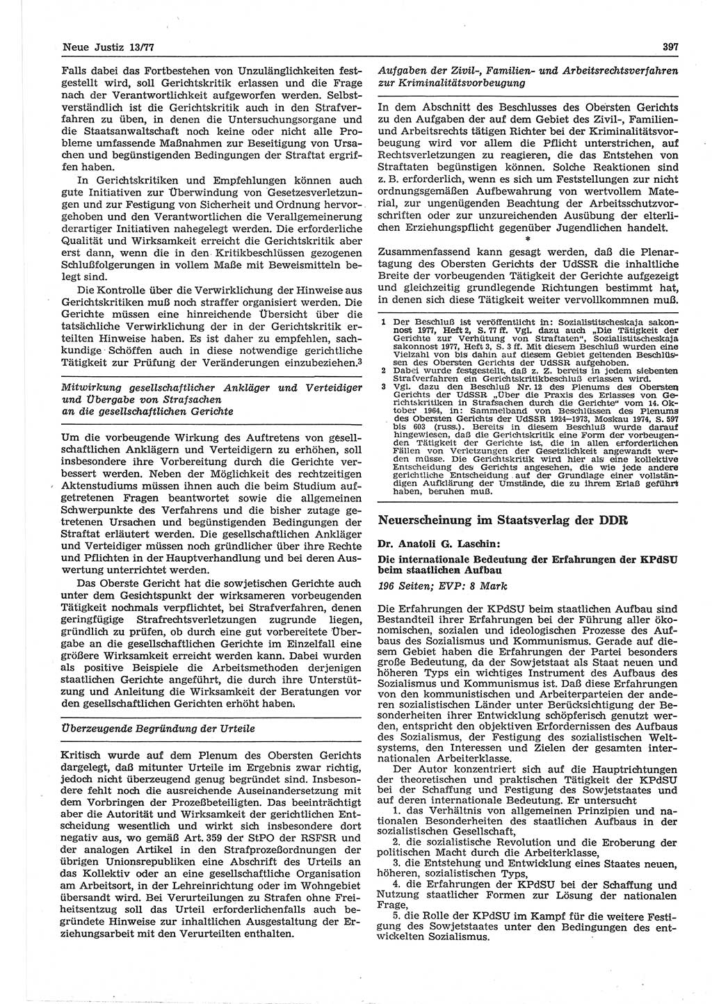 Neue Justiz (NJ), Zeitschrift für Recht und Rechtswissenschaft-Zeitschrift, sozialistisches Recht und Gesetzlichkeit, 31. Jahrgang 1977, Seite 397 (NJ DDR 1977, S. 397)