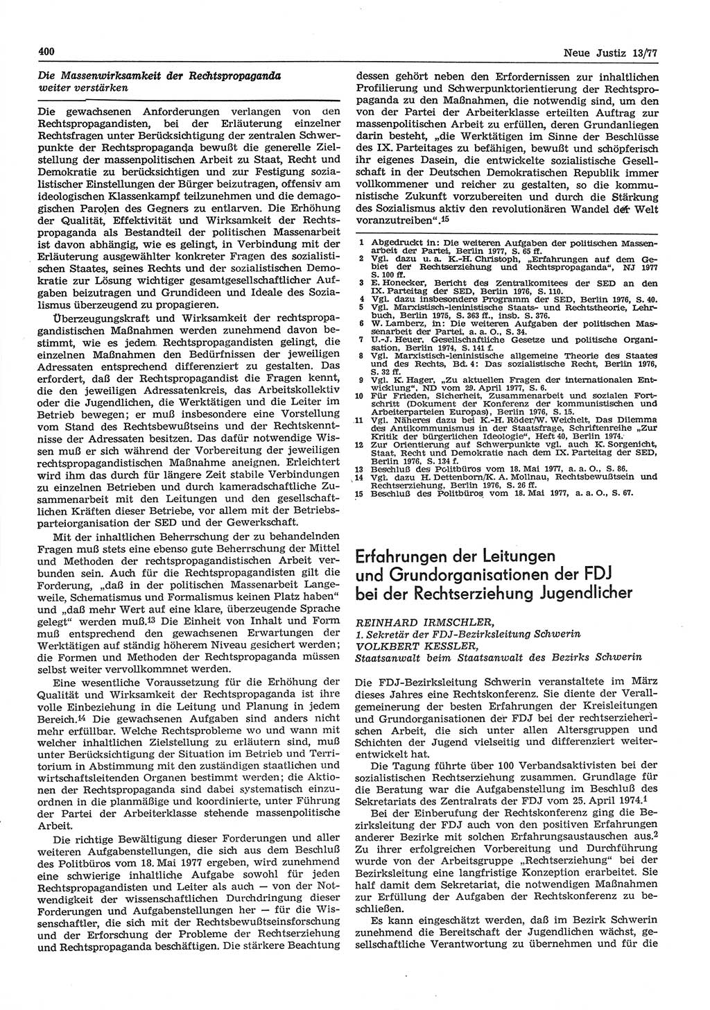 Neue Justiz (NJ), Zeitschrift für Recht und Rechtswissenschaft-Zeitschrift, sozialistisches Recht und Gesetzlichkeit, 31. Jahrgang 1977, Seite 400 (NJ DDR 1977, S. 400)