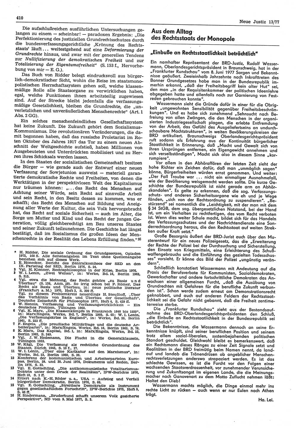 Neue Justiz (NJ), Zeitschrift für Recht und Rechtswissenschaft-Zeitschrift, sozialistisches Recht und Gesetzlichkeit, 31. Jahrgang 1977, Seite 410 (NJ DDR 1977, S. 410)