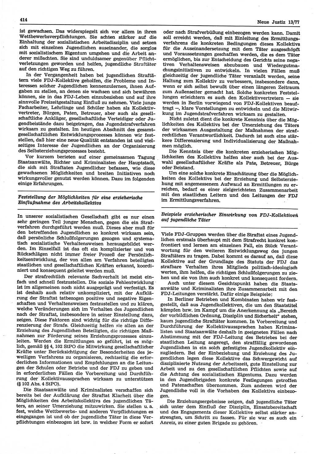 Neue Justiz (NJ), Zeitschrift für Recht und Rechtswissenschaft-Zeitschrift, sozialistisches Recht und Gesetzlichkeit, 31. Jahrgang 1977, Seite 414 (NJ DDR 1977, S. 414)