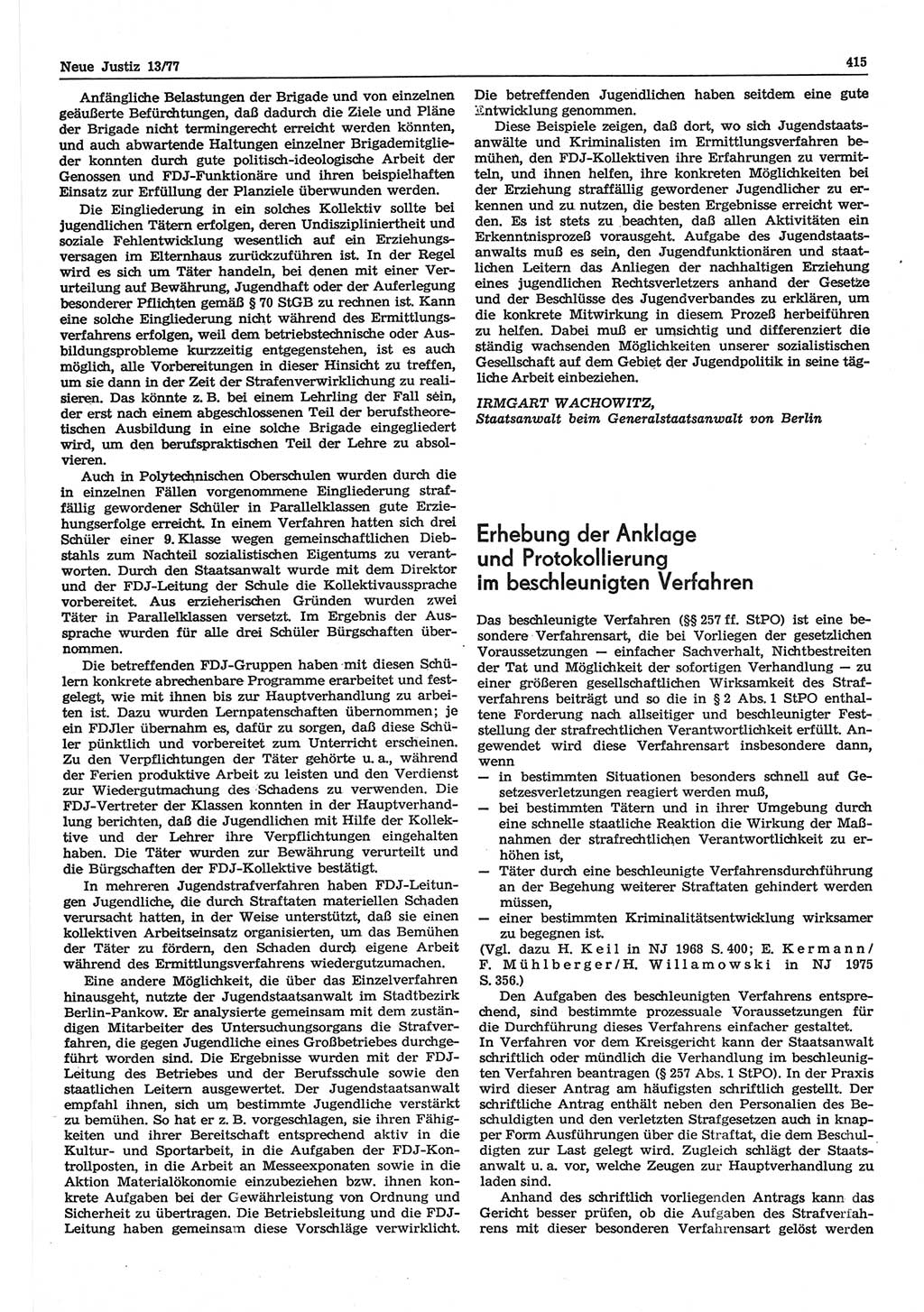 Neue Justiz (NJ), Zeitschrift für Recht und Rechtswissenschaft-Zeitschrift, sozialistisches Recht und Gesetzlichkeit, 31. Jahrgang 1977, Seite 415 (NJ DDR 1977, S. 415)