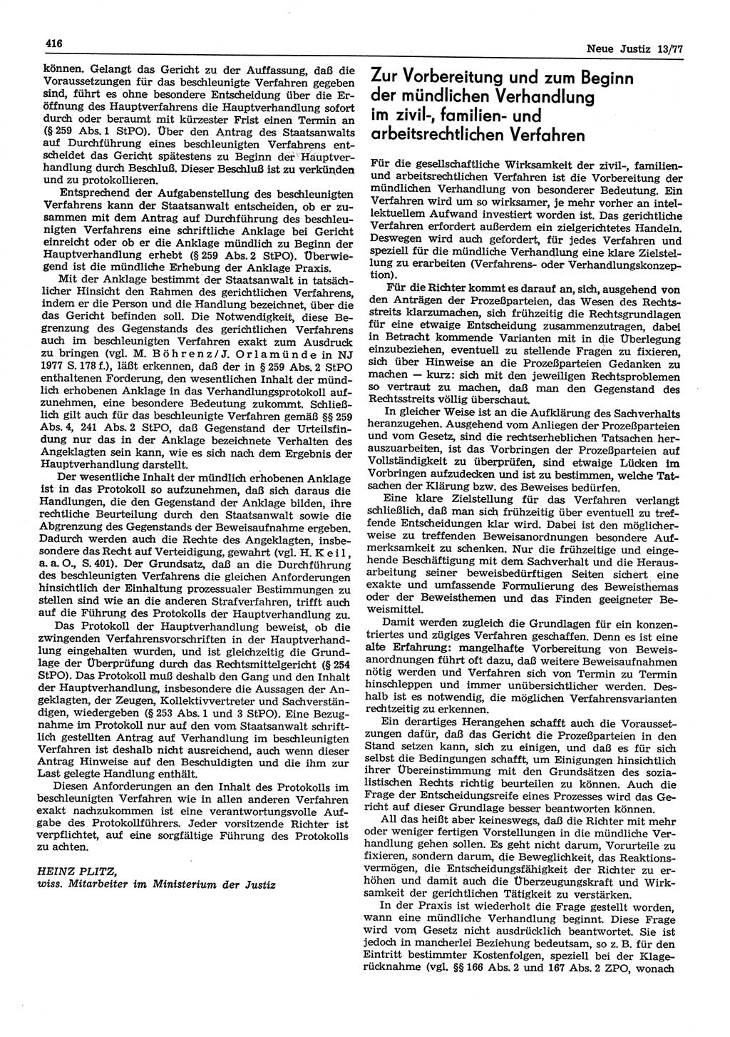 Neue Justiz (NJ), Zeitschrift für Recht und Rechtswissenschaft-Zeitschrift, sozialistisches Recht und Gesetzlichkeit, 31. Jahrgang 1977, Seite 416 (NJ DDR 1977, S. 416)