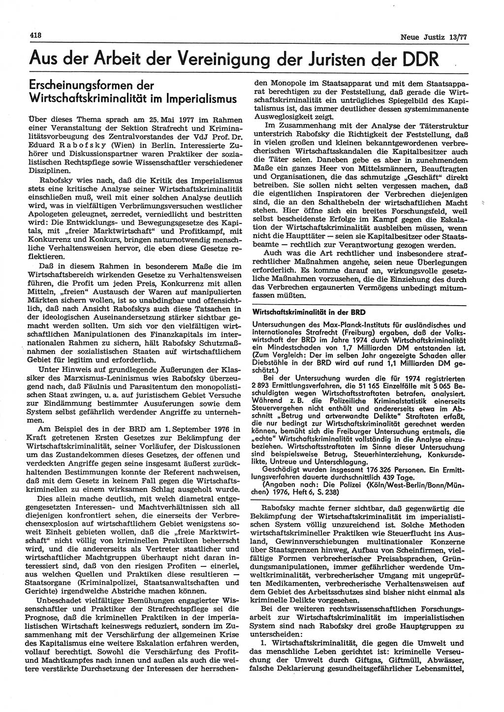 Neue Justiz (NJ), Zeitschrift für Recht und Rechtswissenschaft-Zeitschrift, sozialistisches Recht und Gesetzlichkeit, 31. Jahrgang 1977, Seite 418 (NJ DDR 1977, S. 418)