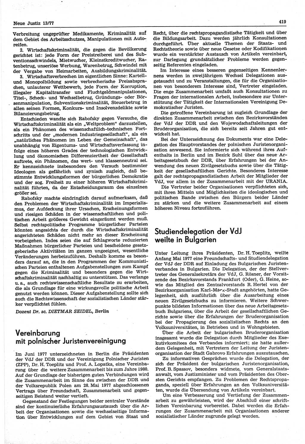 Neue Justiz (NJ), Zeitschrift für Recht und Rechtswissenschaft-Zeitschrift, sozialistisches Recht und Gesetzlichkeit, 31. Jahrgang 1977, Seite 419 (NJ DDR 1977, S. 419)