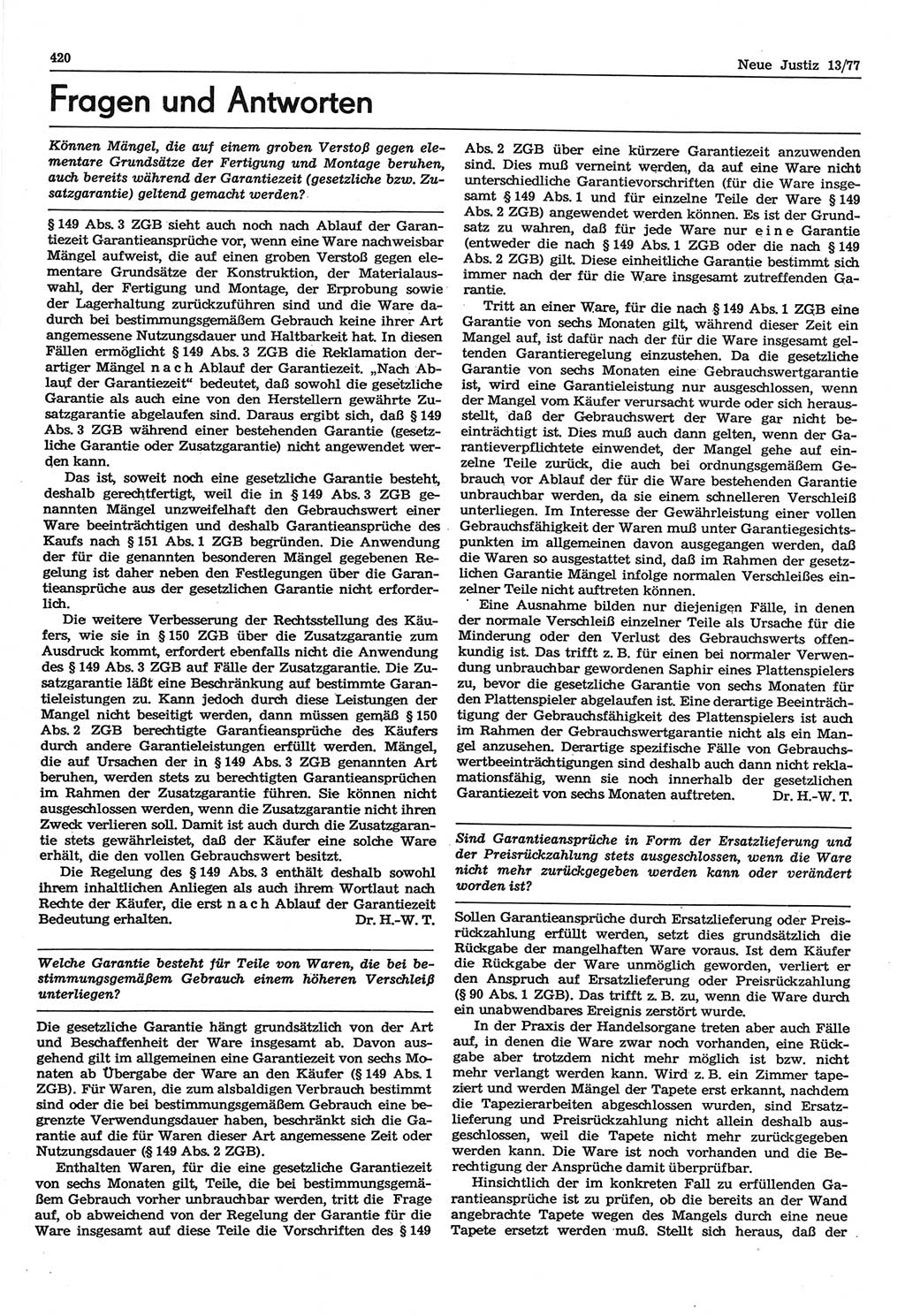 Neue Justiz (NJ), Zeitschrift für Recht und Rechtswissenschaft-Zeitschrift, sozialistisches Recht und Gesetzlichkeit, 31. Jahrgang 1977, Seite 420 (NJ DDR 1977, S. 420)