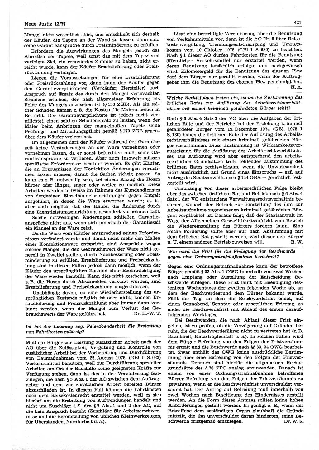 Neue Justiz (NJ), Zeitschrift für Recht und Rechtswissenschaft-Zeitschrift, sozialistisches Recht und Gesetzlichkeit, 31. Jahrgang 1977, Seite 421 (NJ DDR 1977, S. 421)