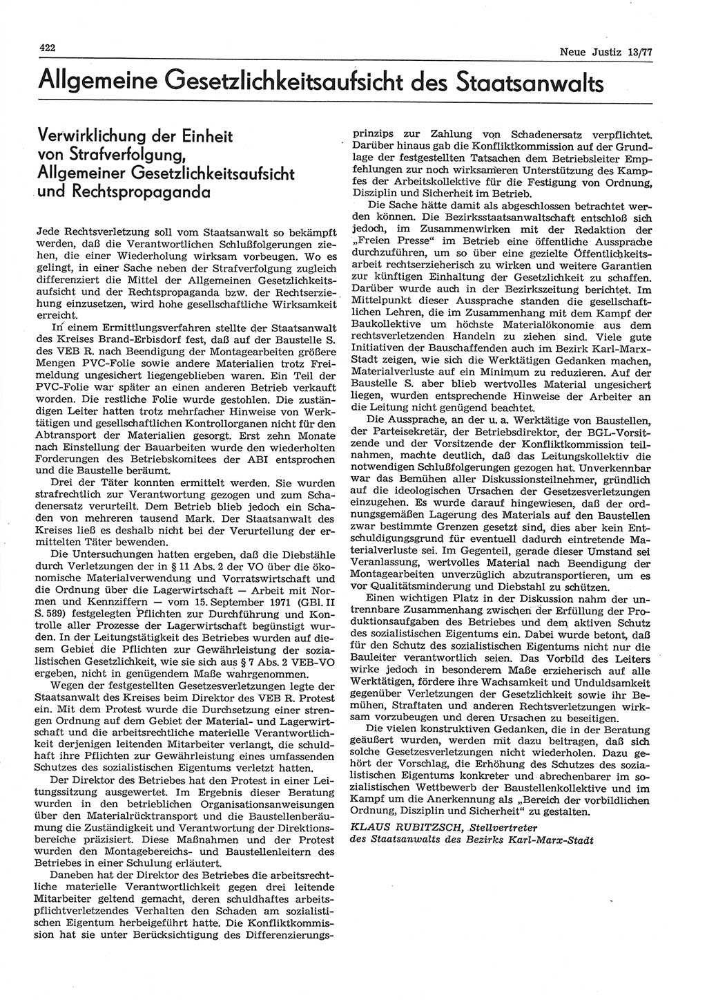 Neue Justiz (NJ), Zeitschrift für Recht und Rechtswissenschaft-Zeitschrift, sozialistisches Recht und Gesetzlichkeit, 31. Jahrgang 1977, Seite 422 (NJ DDR 1977, S. 422)
