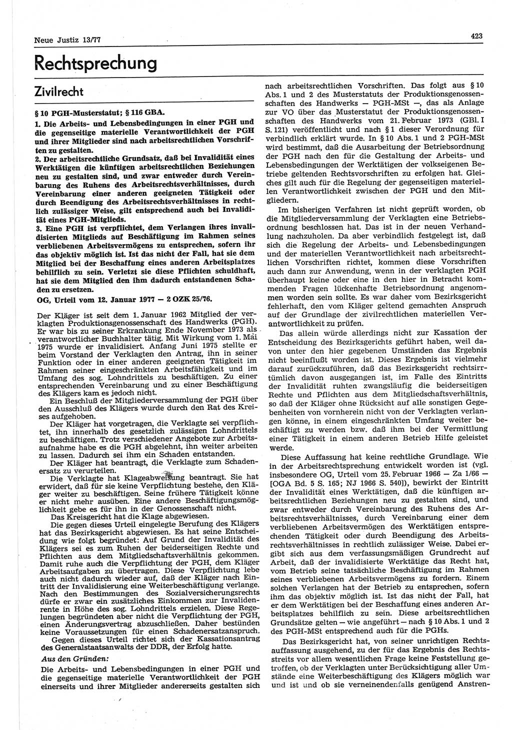 Neue Justiz (NJ), Zeitschrift für Recht und Rechtswissenschaft-Zeitschrift, sozialistisches Recht und Gesetzlichkeit, 31. Jahrgang 1977, Seite 423 (NJ DDR 1977, S. 423)