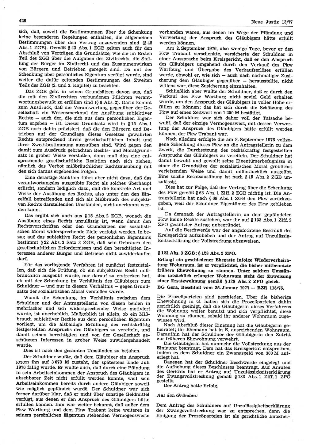 Neue Justiz (NJ), Zeitschrift für Recht und Rechtswissenschaft-Zeitschrift, sozialistisches Recht und Gesetzlichkeit, 31. Jahrgang 1977, Seite 426 (NJ DDR 1977, S. 426)