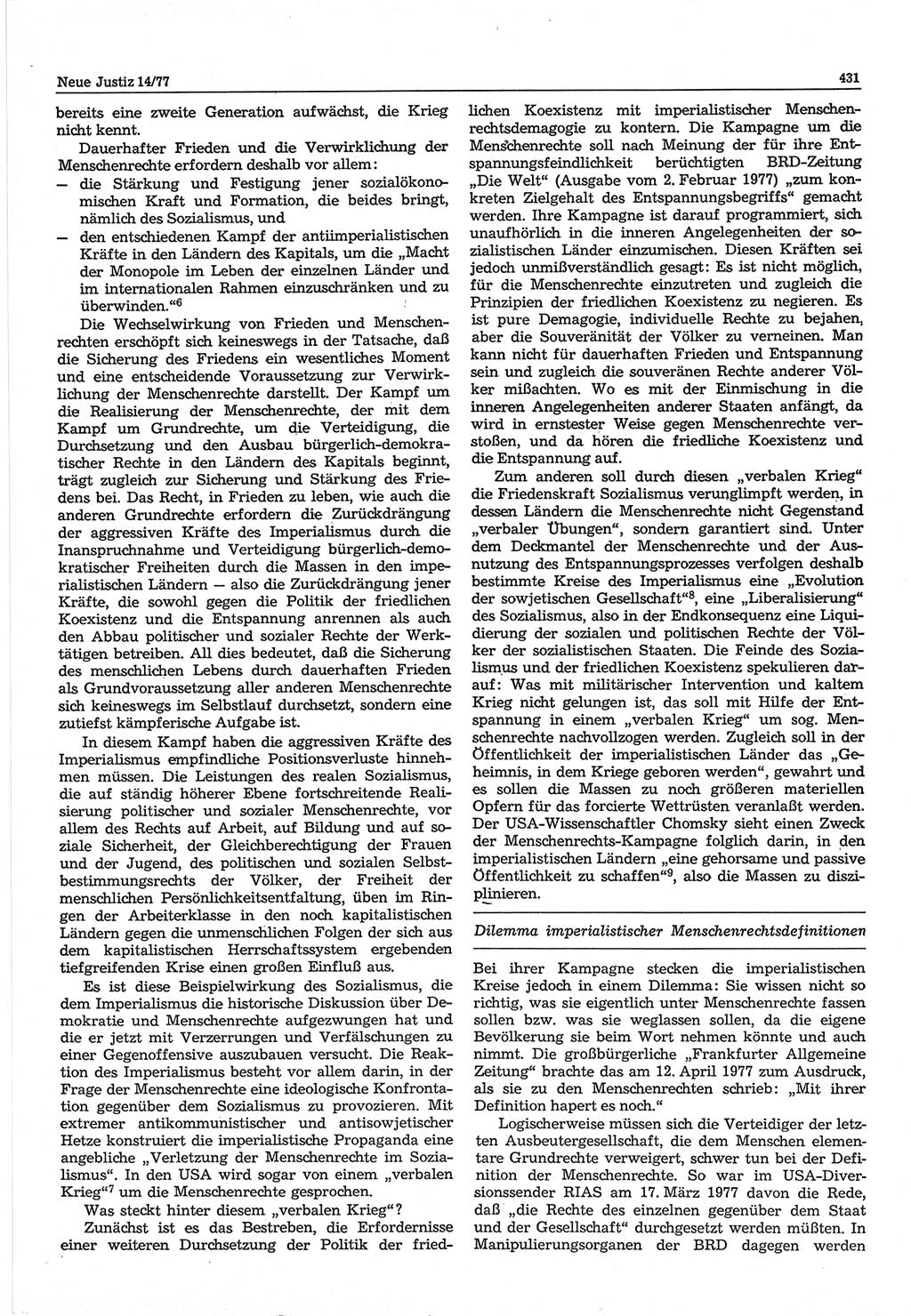 Neue Justiz (NJ), Zeitschrift für Recht und Rechtswissenschaft-Zeitschrift, sozialistisches Recht und Gesetzlichkeit, 31. Jahrgang 1977, Seite 431 (NJ DDR 1977, S. 431)