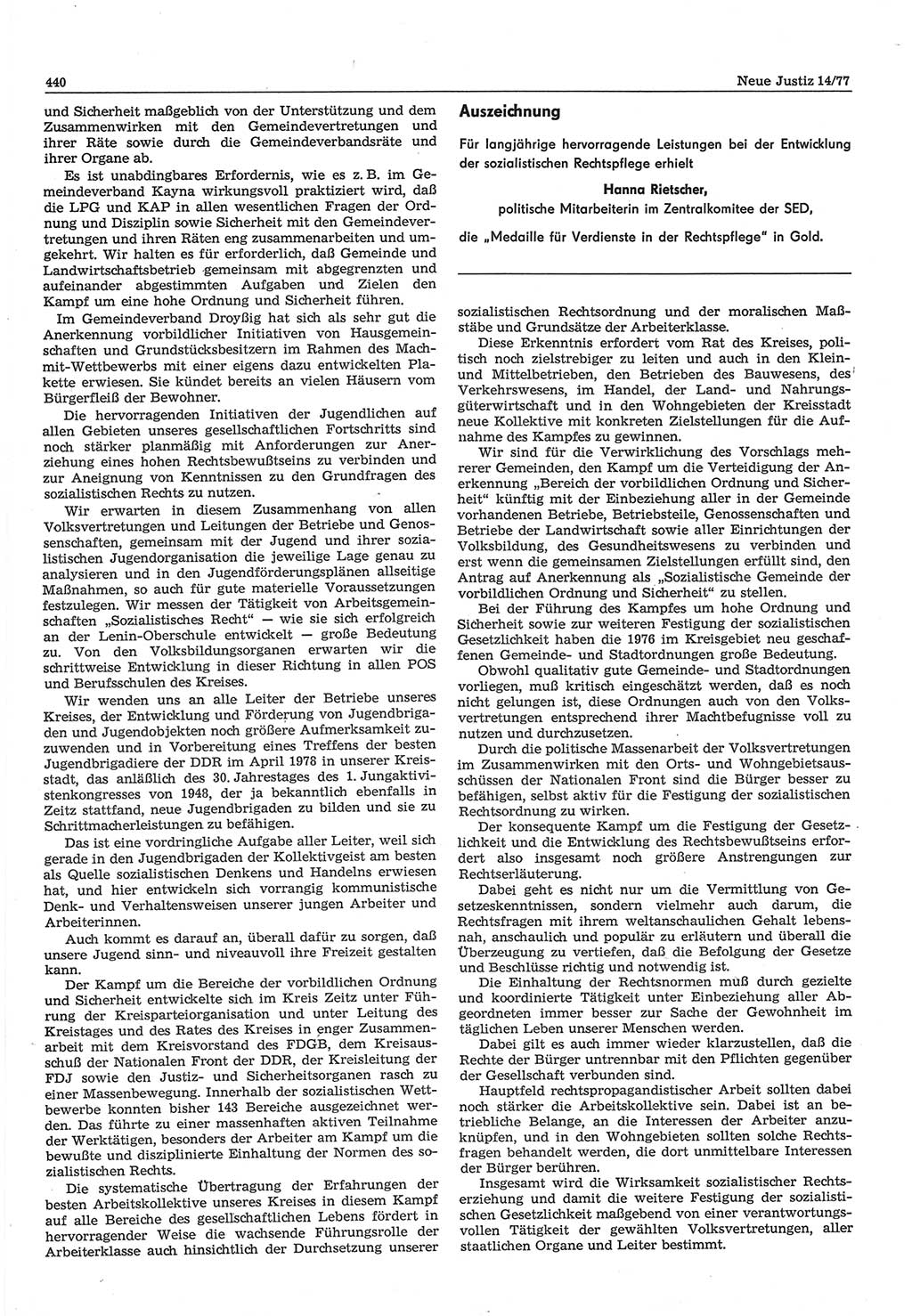 Neue Justiz (NJ), Zeitschrift für Recht und Rechtswissenschaft-Zeitschrift, sozialistisches Recht und Gesetzlichkeit, 31. Jahrgang 1977, Seite 440 (NJ DDR 1977, S. 440)