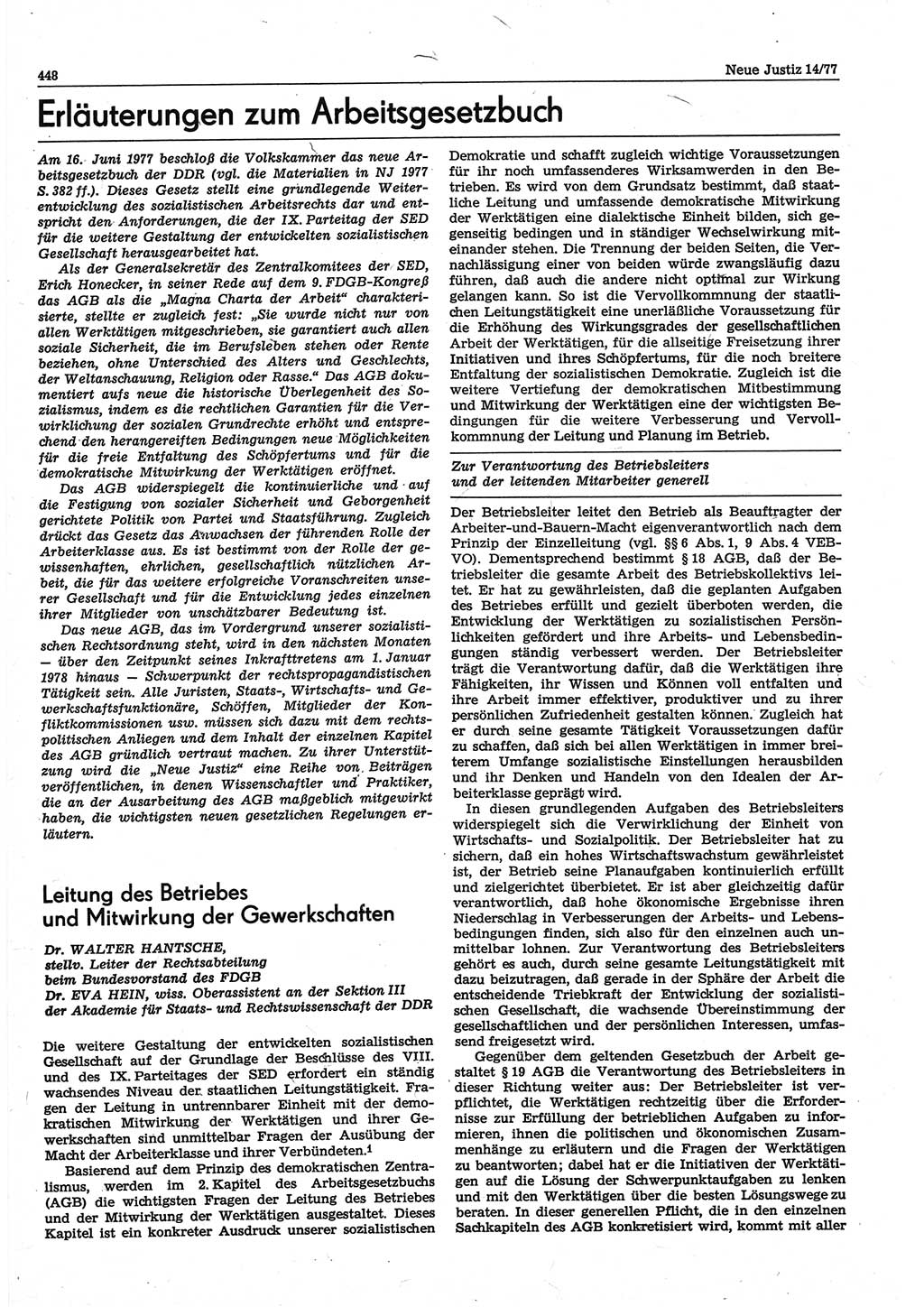 Neue Justiz (NJ), Zeitschrift für Recht und Rechtswissenschaft-Zeitschrift, sozialistisches Recht und Gesetzlichkeit, 31. Jahrgang 1977, Seite 448 (NJ DDR 1977, S. 448)
