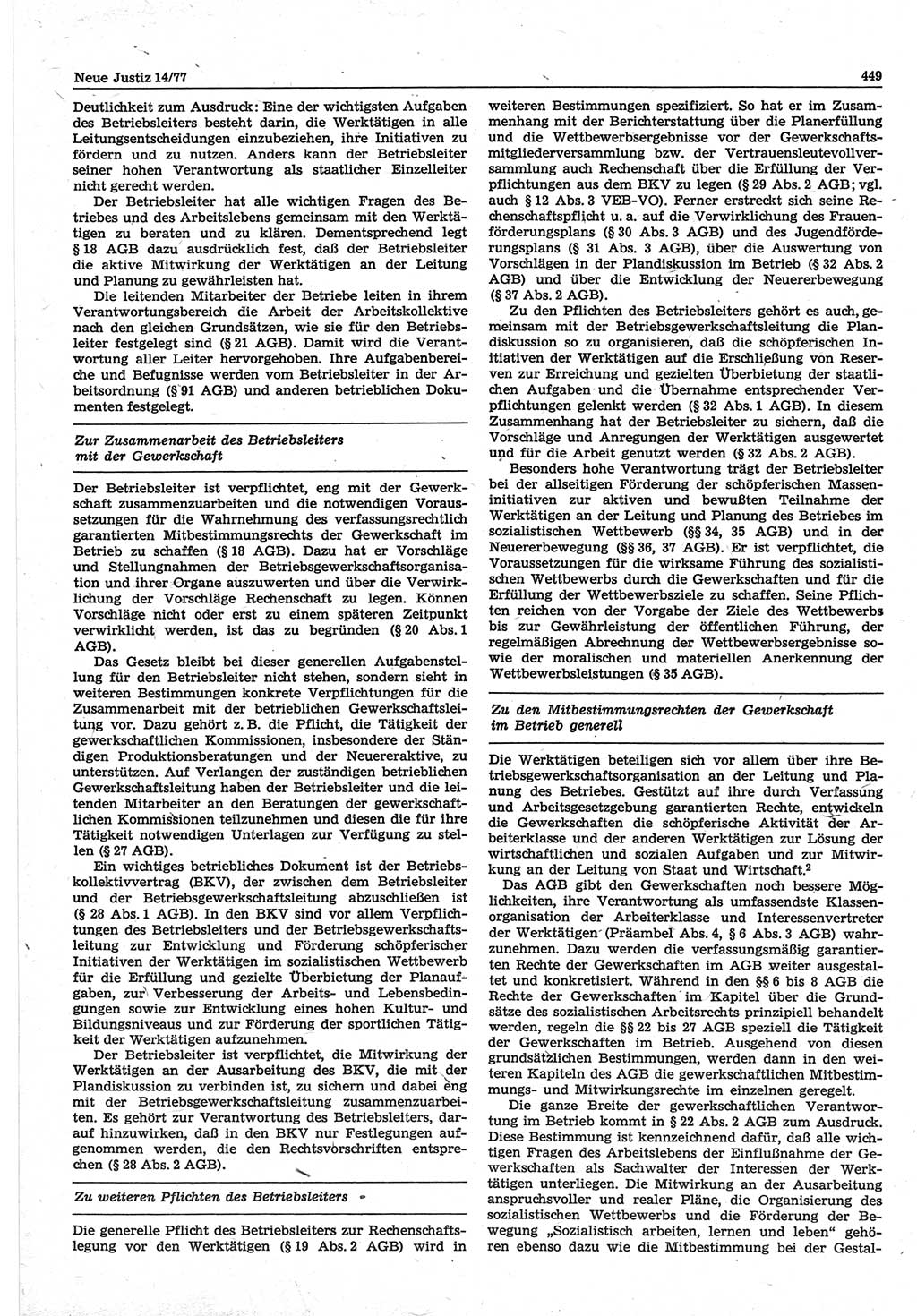 Neue Justiz (NJ), Zeitschrift für Recht und Rechtswissenschaft-Zeitschrift, sozialistisches Recht und Gesetzlichkeit, 31. Jahrgang 1977, Seite 449 (NJ DDR 1977, S. 449)
