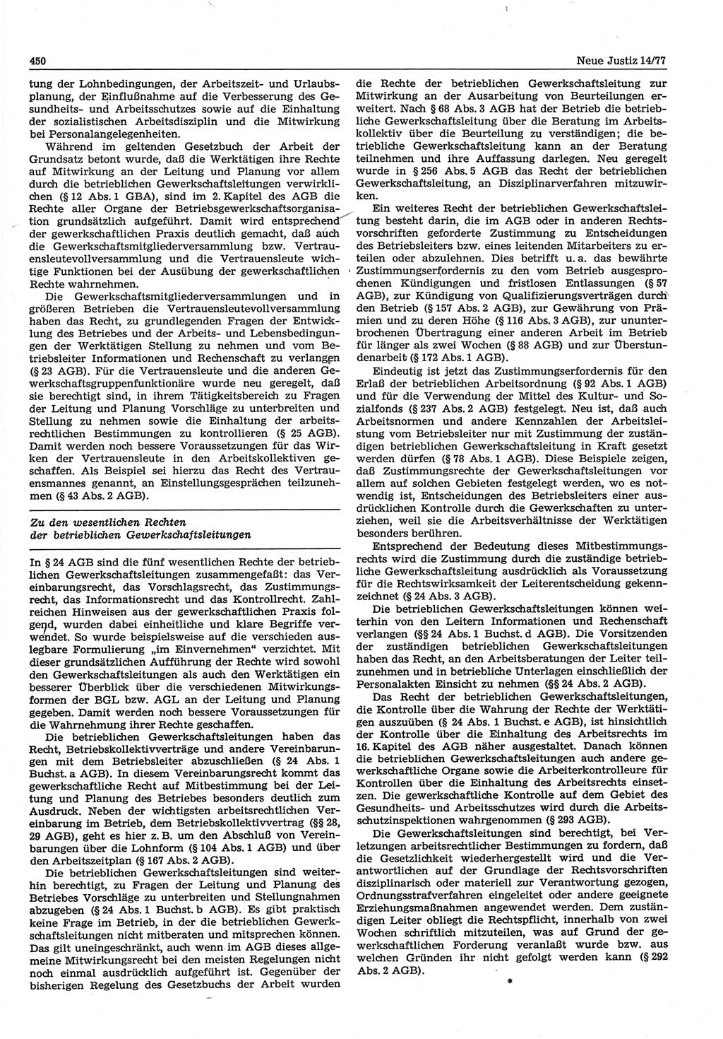 Neue Justiz (NJ), Zeitschrift für Recht und Rechtswissenschaft-Zeitschrift, sozialistisches Recht und Gesetzlichkeit, 31. Jahrgang 1977, Seite 450 (NJ DDR 1977, S. 450)