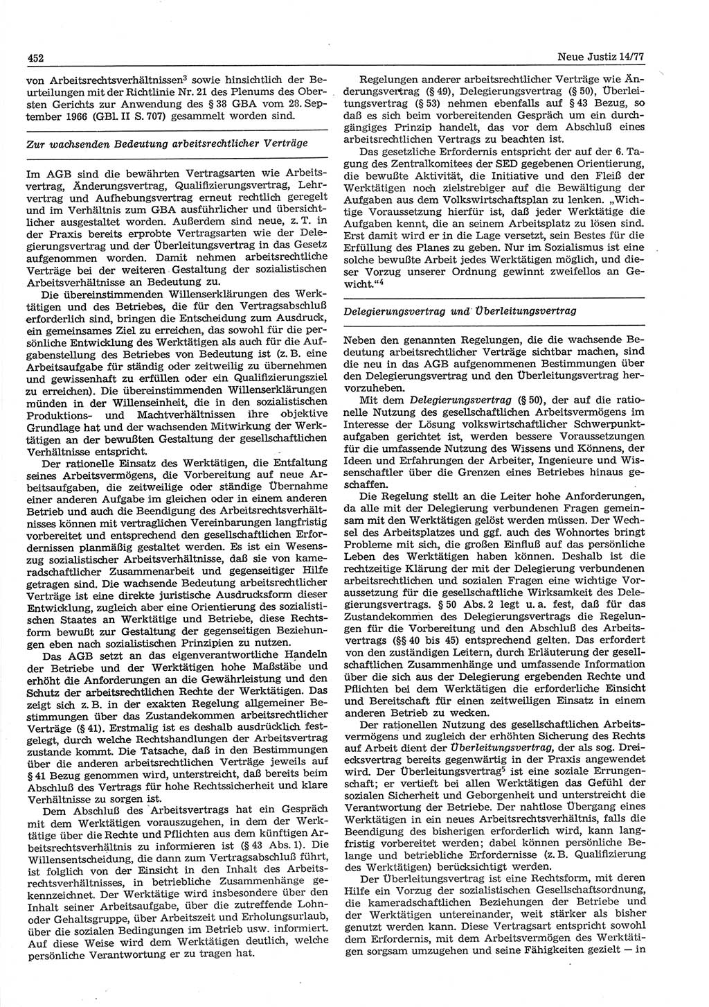 Neue Justiz (NJ), Zeitschrift für Recht und Rechtswissenschaft-Zeitschrift, sozialistisches Recht und Gesetzlichkeit, 31. Jahrgang 1977, Seite 452 (NJ DDR 1977, S. 452)