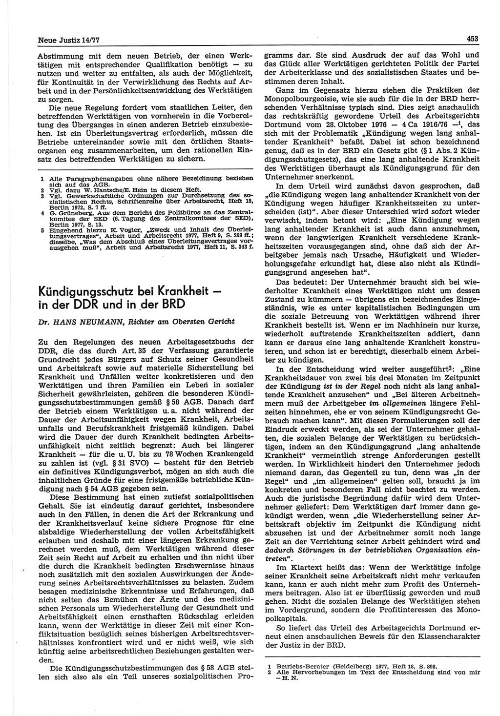 Neue Justiz (NJ), Zeitschrift für Recht und Rechtswissenschaft-Zeitschrift, sozialistisches Recht und Gesetzlichkeit, 31. Jahrgang 1977, Seite 453 (NJ DDR 1977, S. 453)
