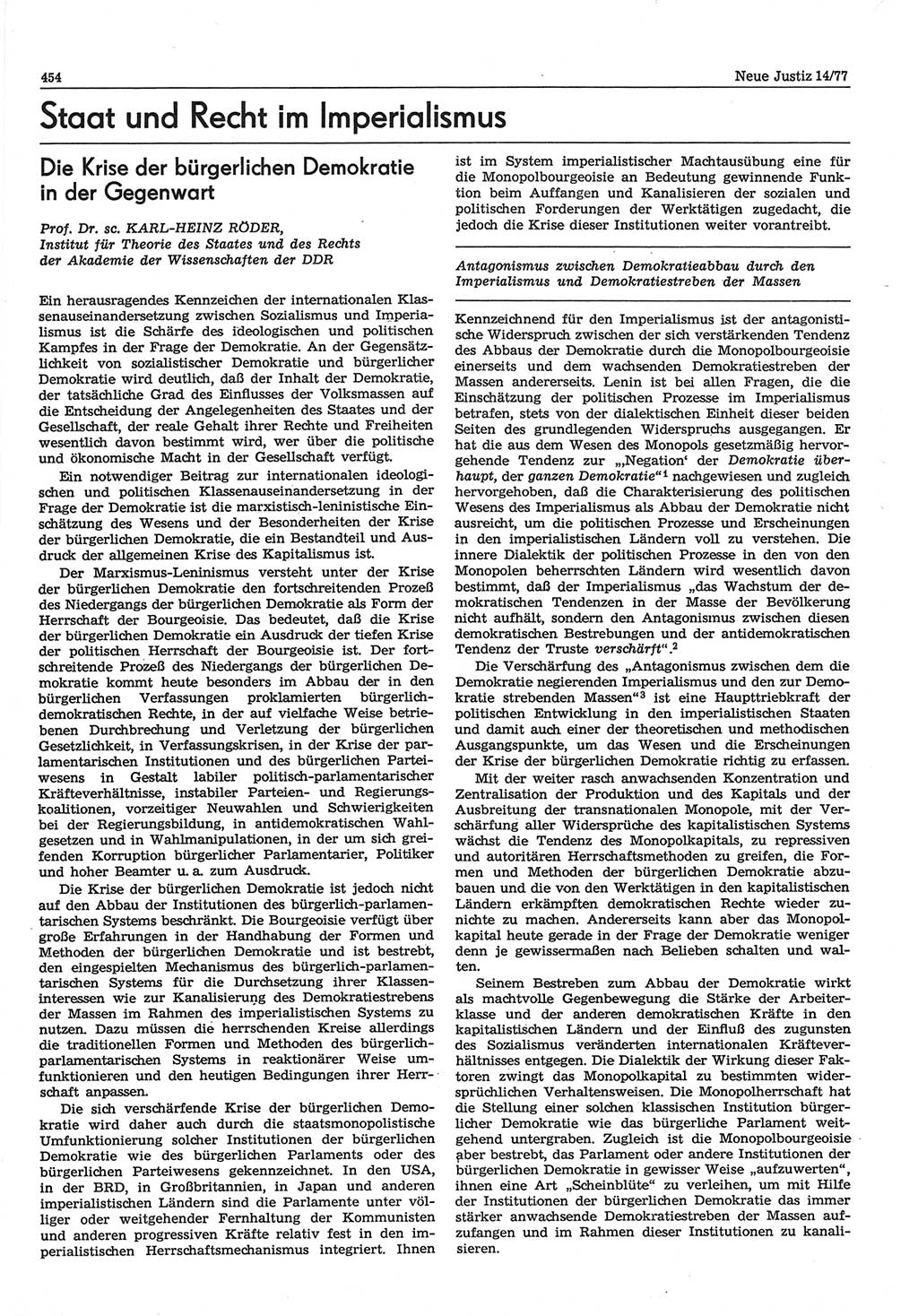 Neue Justiz (NJ), Zeitschrift für Recht und Rechtswissenschaft-Zeitschrift, sozialistisches Recht und Gesetzlichkeit, 31. Jahrgang 1977, Seite 454 (NJ DDR 1977, S. 454)
