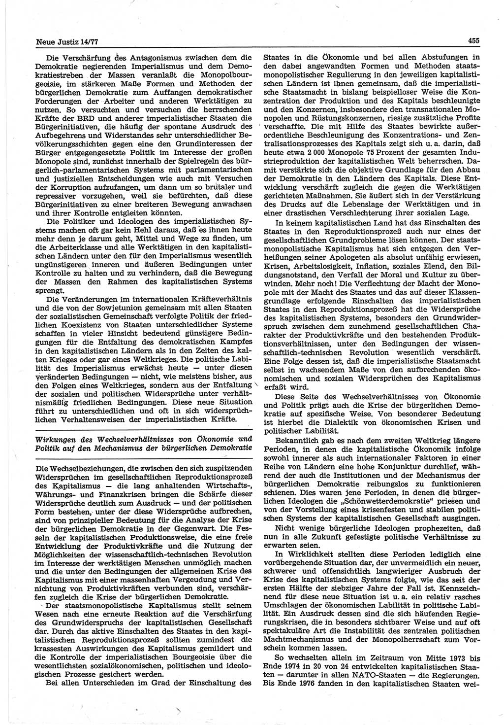 Neue Justiz (NJ), Zeitschrift für Recht und Rechtswissenschaft-Zeitschrift, sozialistisches Recht und Gesetzlichkeit, 31. Jahrgang 1977, Seite 455 (NJ DDR 1977, S. 455)