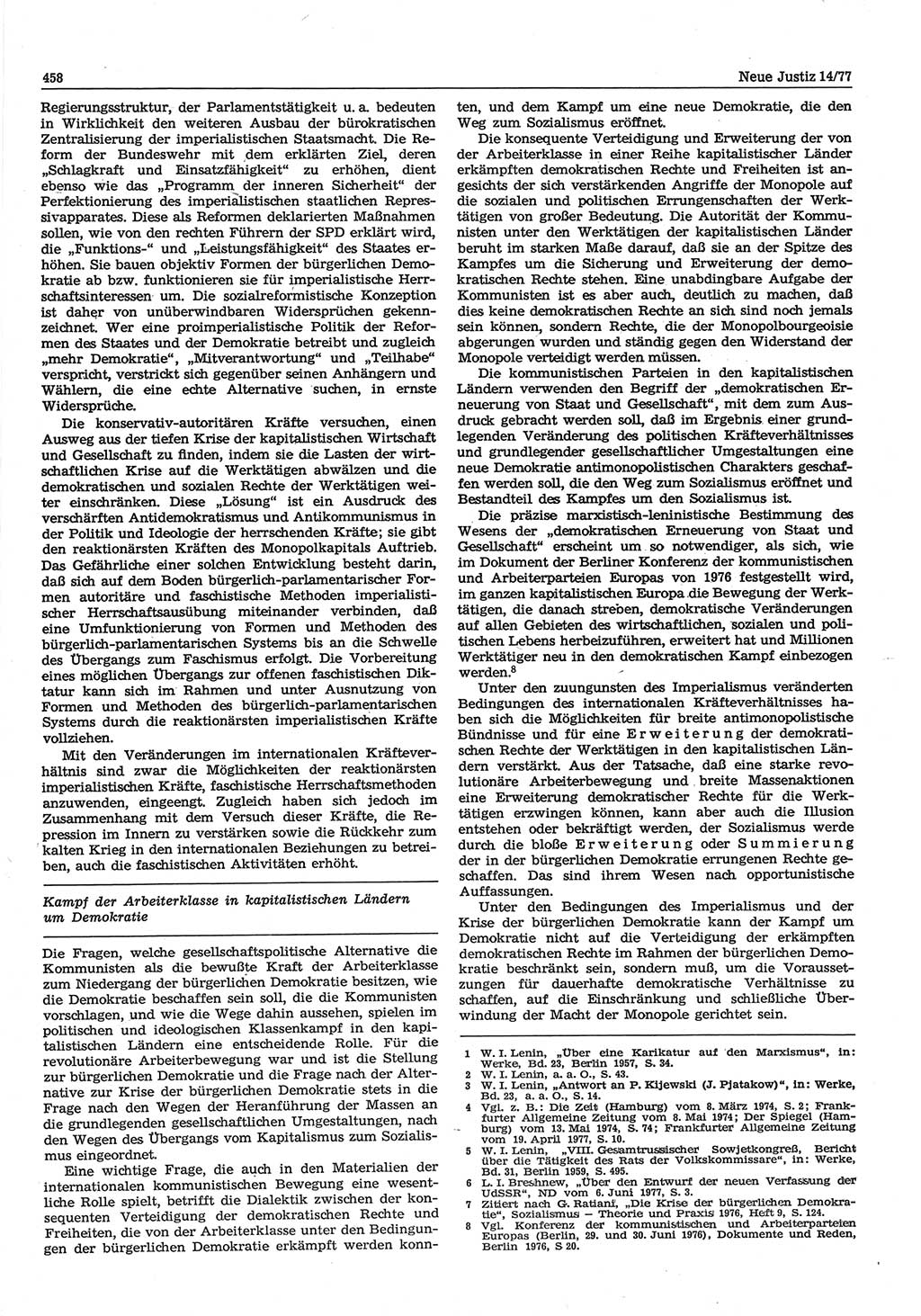 Neue Justiz (NJ), Zeitschrift für Recht und Rechtswissenschaft-Zeitschrift, sozialistisches Recht und Gesetzlichkeit, 31. Jahrgang 1977, Seite 458 (NJ DDR 1977, S. 458)