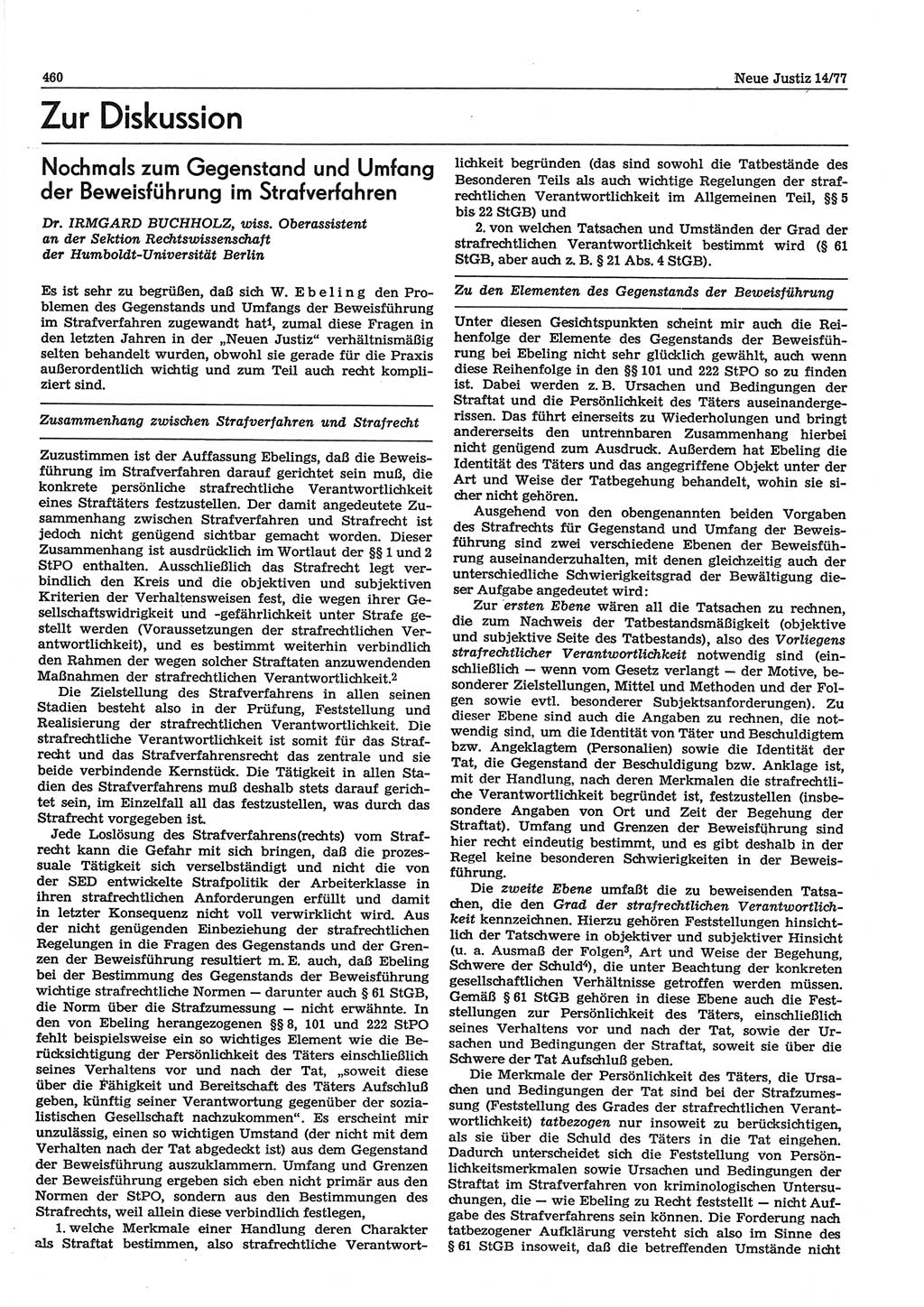 Neue Justiz (NJ), Zeitschrift für Recht und Rechtswissenschaft-Zeitschrift, sozialistisches Recht und Gesetzlichkeit, 31. Jahrgang 1977, Seite 460 (NJ DDR 1977, S. 460)