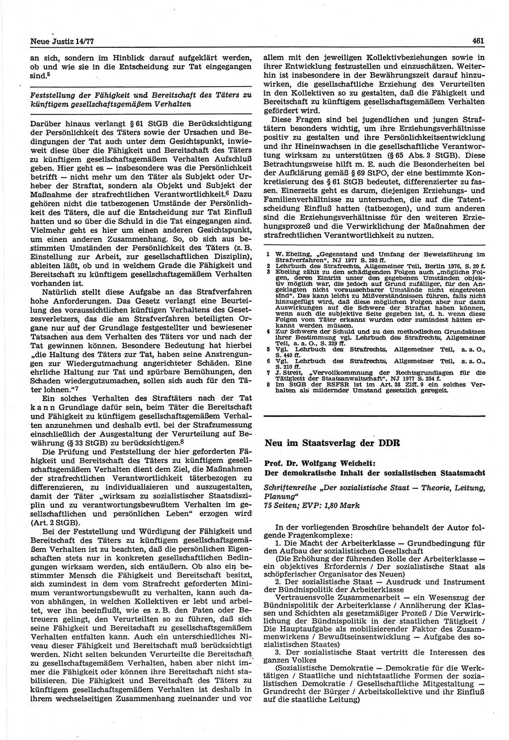 Neue Justiz (NJ), Zeitschrift für Recht und Rechtswissenschaft-Zeitschrift, sozialistisches Recht und Gesetzlichkeit, 31. Jahrgang 1977, Seite 461 (NJ DDR 1977, S. 461)