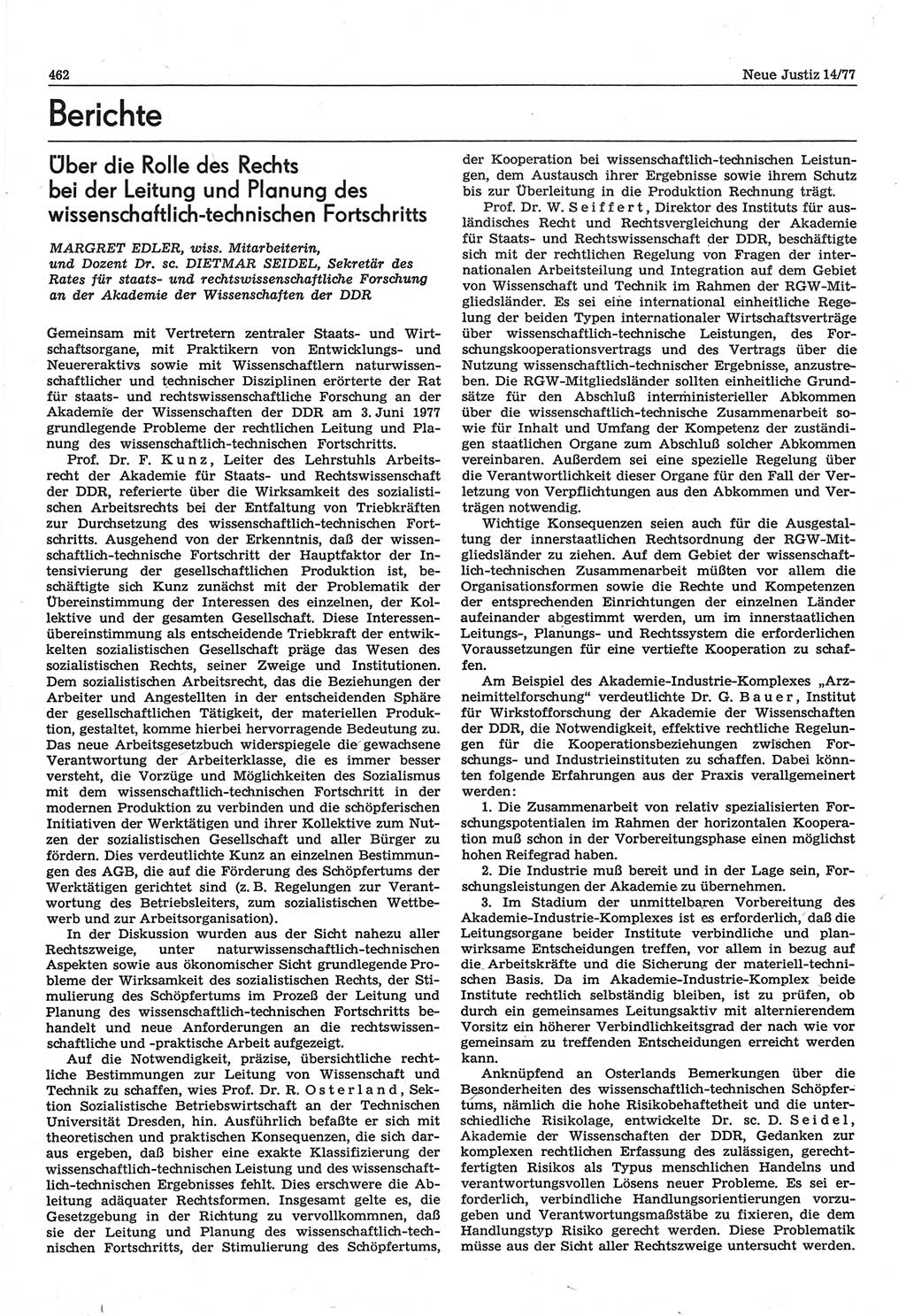 Neue Justiz (NJ), Zeitschrift für Recht und Rechtswissenschaft-Zeitschrift, sozialistisches Recht und Gesetzlichkeit, 31. Jahrgang 1977, Seite 462 (NJ DDR 1977, S. 462)
