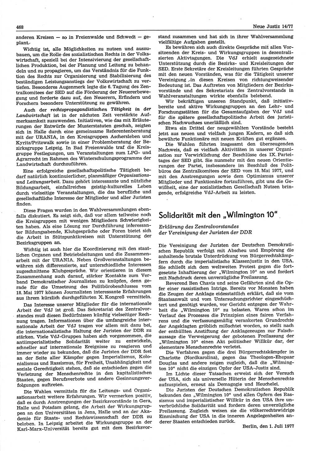 Neue Justiz (NJ), Zeitschrift für Recht und Rechtswissenschaft-Zeitschrift, sozialistisches Recht und Gesetzlichkeit, 31. Jahrgang 1977, Seite 468 (NJ DDR 1977, S. 468)
