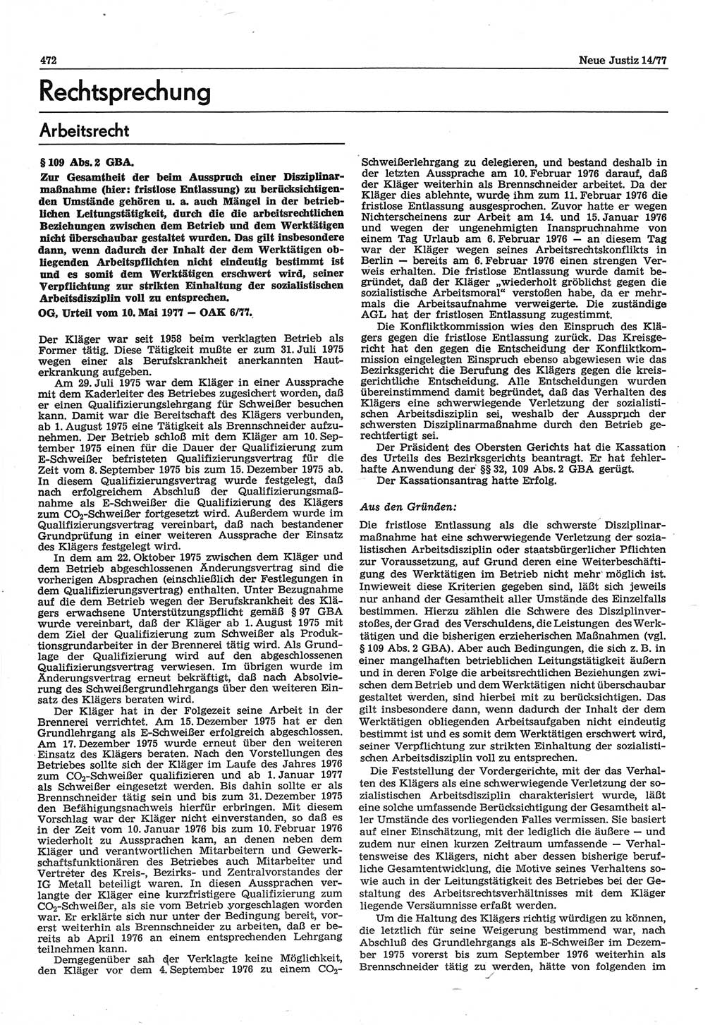 Neue Justiz (NJ), Zeitschrift für Recht und Rechtswissenschaft-Zeitschrift, sozialistisches Recht und Gesetzlichkeit, 31. Jahrgang 1977, Seite 472 (NJ DDR 1977, S. 472)