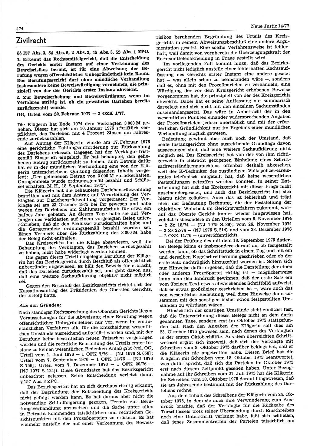 Neue Justiz (NJ), Zeitschrift für Recht und Rechtswissenschaft-Zeitschrift, sozialistisches Recht und Gesetzlichkeit, 31. Jahrgang 1977, Seite 474 (NJ DDR 1977, S. 474)
