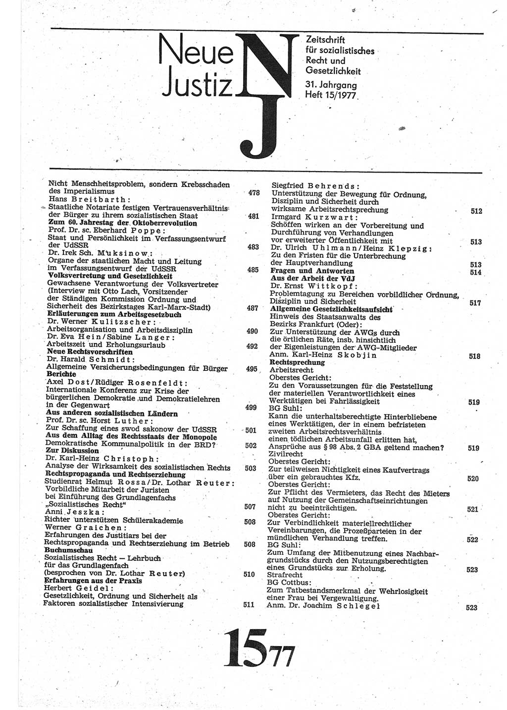 Neue Justiz (NJ), Zeitschrift für Recht und Rechtswissenschaft-Zeitschrift, sozialistisches Recht und Gesetzlichkeit, 31. Jahrgang 1977, Seite 477 (NJ DDR 1977, S. 477)