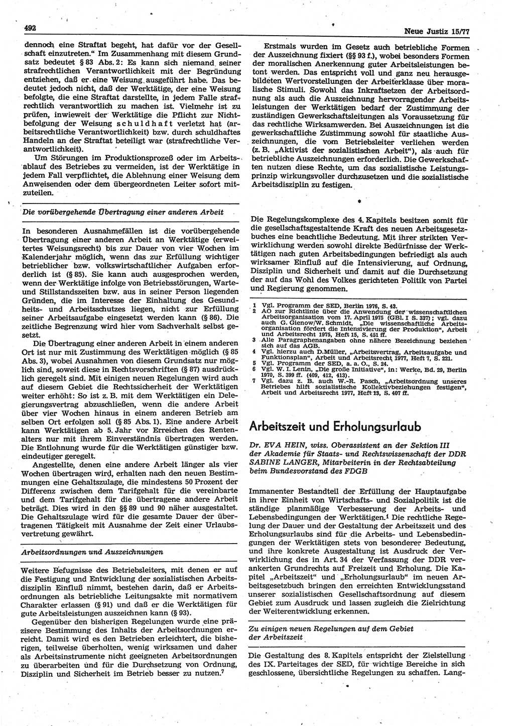 Neue Justiz (NJ), Zeitschrift für Recht und Rechtswissenschaft-Zeitschrift, sozialistisches Recht und Gesetzlichkeit, 31. Jahrgang 1977, Seite 492 (NJ DDR 1977, S. 492)