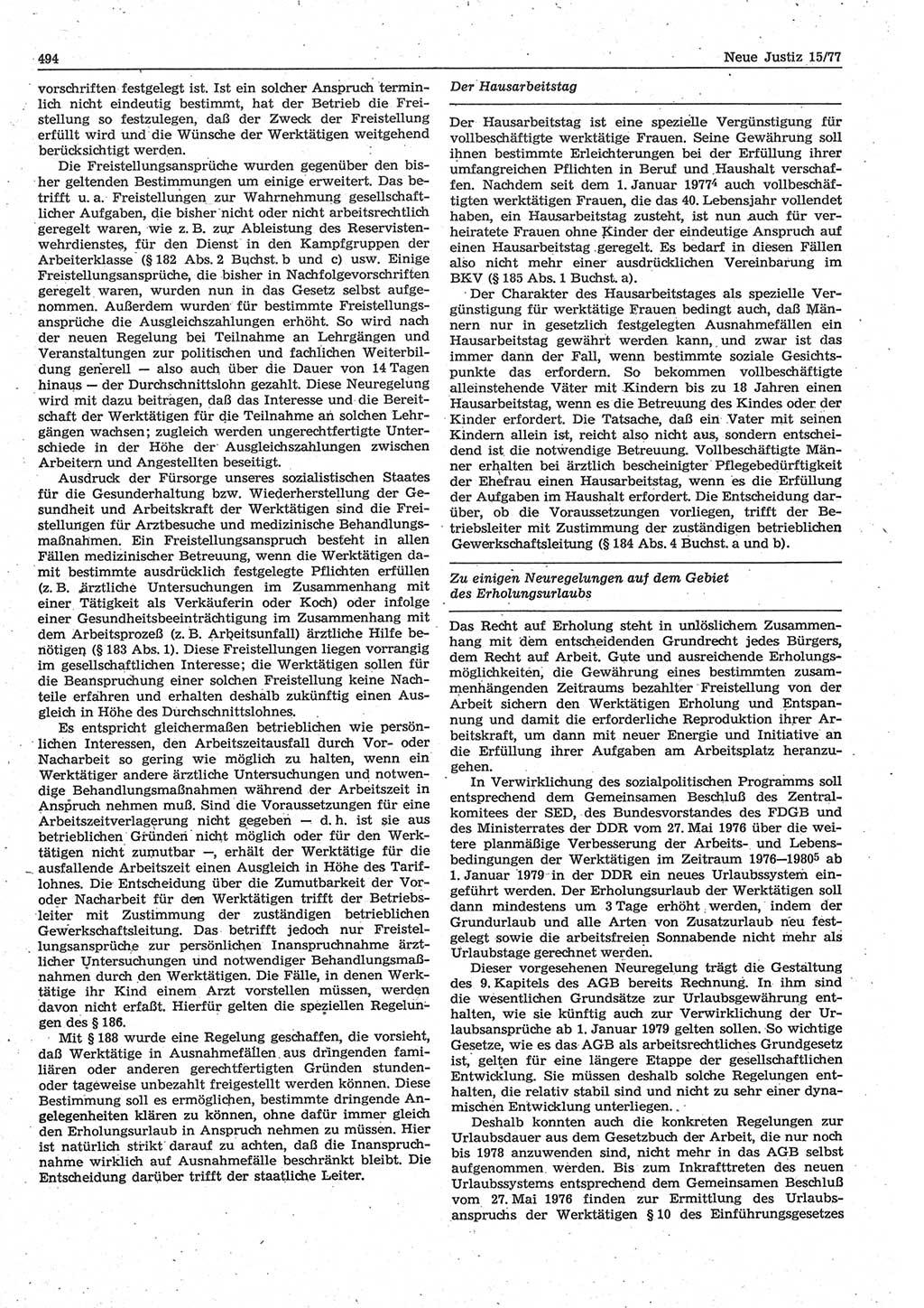 Neue Justiz (NJ), Zeitschrift für Recht und Rechtswissenschaft-Zeitschrift, sozialistisches Recht und Gesetzlichkeit, 31. Jahrgang 1977, Seite 494 (NJ DDR 1977, S. 494)