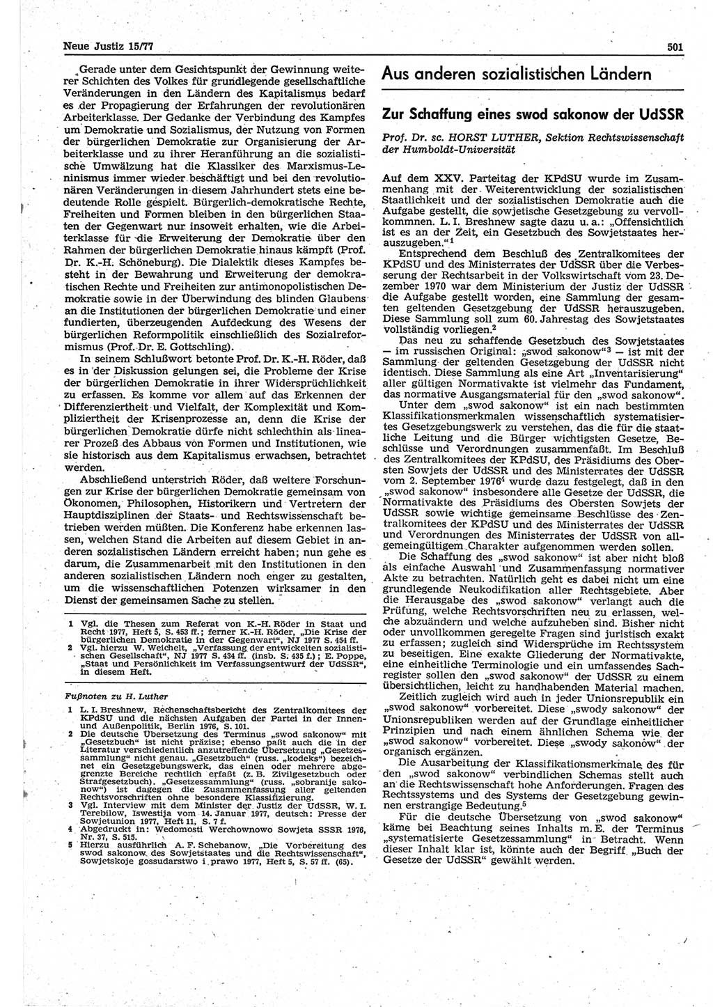 Neue Justiz (NJ), Zeitschrift für Recht und Rechtswissenschaft-Zeitschrift, sozialistisches Recht und Gesetzlichkeit, 31. Jahrgang 1977, Seite 501 (NJ DDR 1977, S. 501)