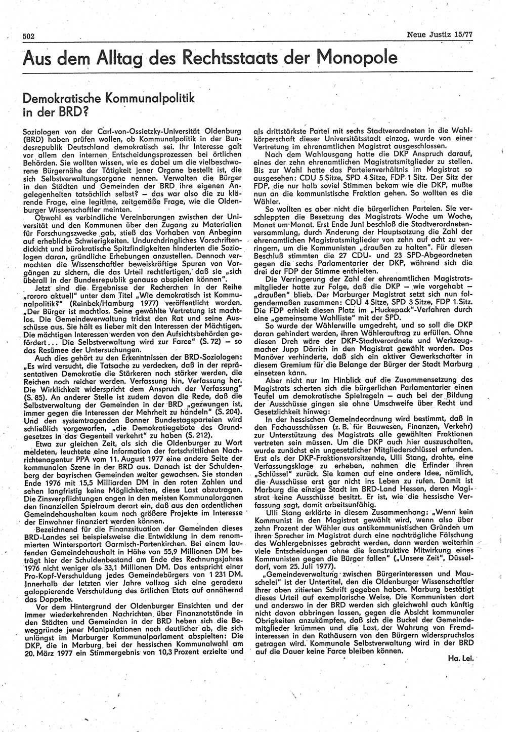 Neue Justiz (NJ), Zeitschrift für Recht und Rechtswissenschaft-Zeitschrift, sozialistisches Recht und Gesetzlichkeit, 31. Jahrgang 1977, Seite 502 (NJ DDR 1977, S. 502)