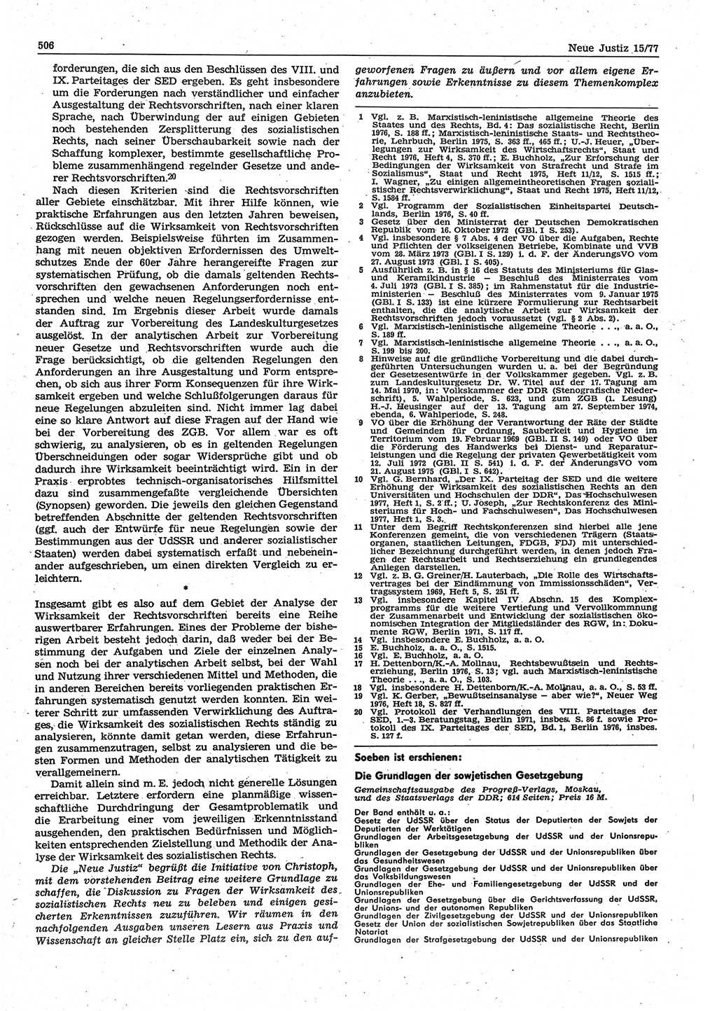 Neue Justiz (NJ), Zeitschrift für Recht und Rechtswissenschaft-Zeitschrift, sozialistisches Recht und Gesetzlichkeit, 31. Jahrgang 1977, Seite 506 (NJ DDR 1977, S. 506)