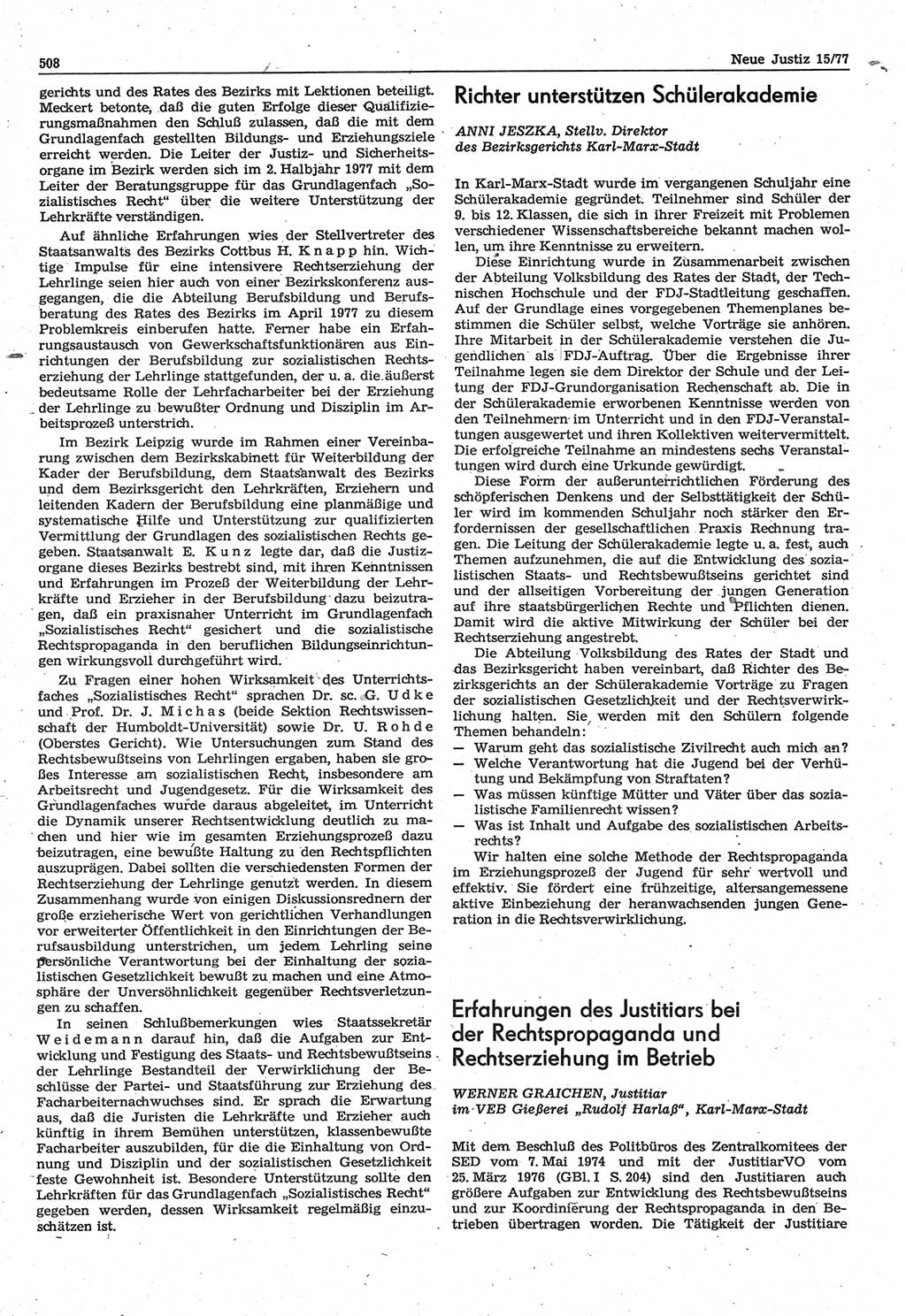 Neue Justiz (NJ), Zeitschrift für Recht und Rechtswissenschaft-Zeitschrift, sozialistisches Recht und Gesetzlichkeit, 31. Jahrgang 1977, Seite 508 (NJ DDR 1977, S. 508)