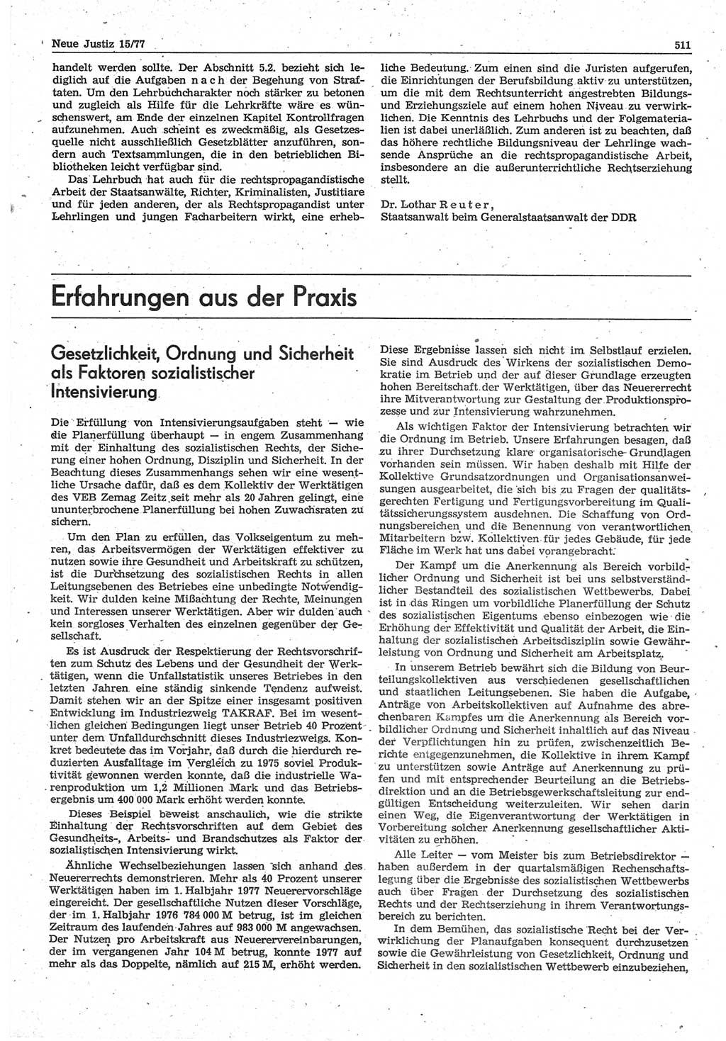 Neue Justiz (NJ), Zeitschrift für Recht und Rechtswissenschaft-Zeitschrift, sozialistisches Recht und Gesetzlichkeit, 31. Jahrgang 1977, Seite 511 (NJ DDR 1977, S. 511)