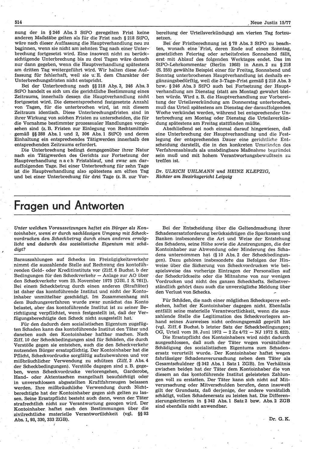 Neue Justiz (NJ), Zeitschrift für Recht und Rechtswissenschaft-Zeitschrift, sozialistisches Recht und Gesetzlichkeit, 31. Jahrgang 1977, Seite 514 (NJ DDR 1977, S. 514)