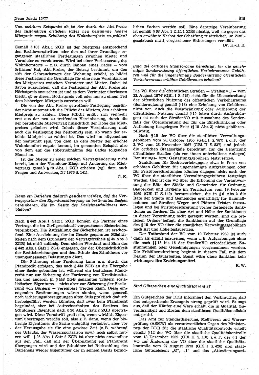 Neue Justiz (NJ), Zeitschrift für Recht und Rechtswissenschaft-Zeitschrift, sozialistisches Recht und Gesetzlichkeit, 31. Jahrgang 1977, Seite 515 (NJ DDR 1977, S. 515)
