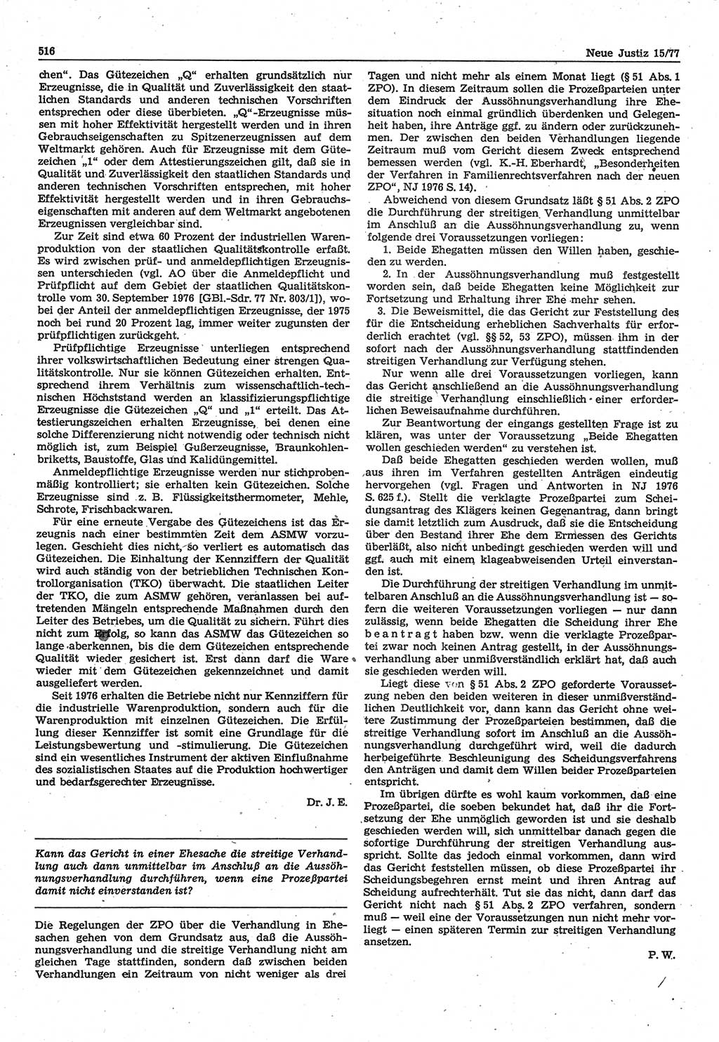 Neue Justiz (NJ), Zeitschrift für Recht und Rechtswissenschaft-Zeitschrift, sozialistisches Recht und Gesetzlichkeit, 31. Jahrgang 1977, Seite 516 (NJ DDR 1977, S. 516)