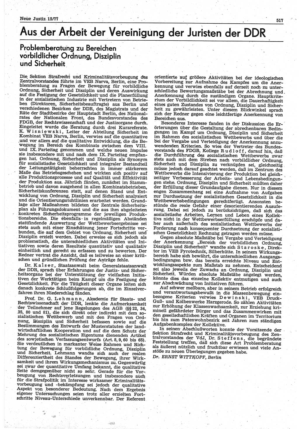 Neue Justiz (NJ), Zeitschrift für Recht und Rechtswissenschaft-Zeitschrift, sozialistisches Recht und Gesetzlichkeit, 31. Jahrgang 1977, Seite 517 (NJ DDR 1977, S. 517)