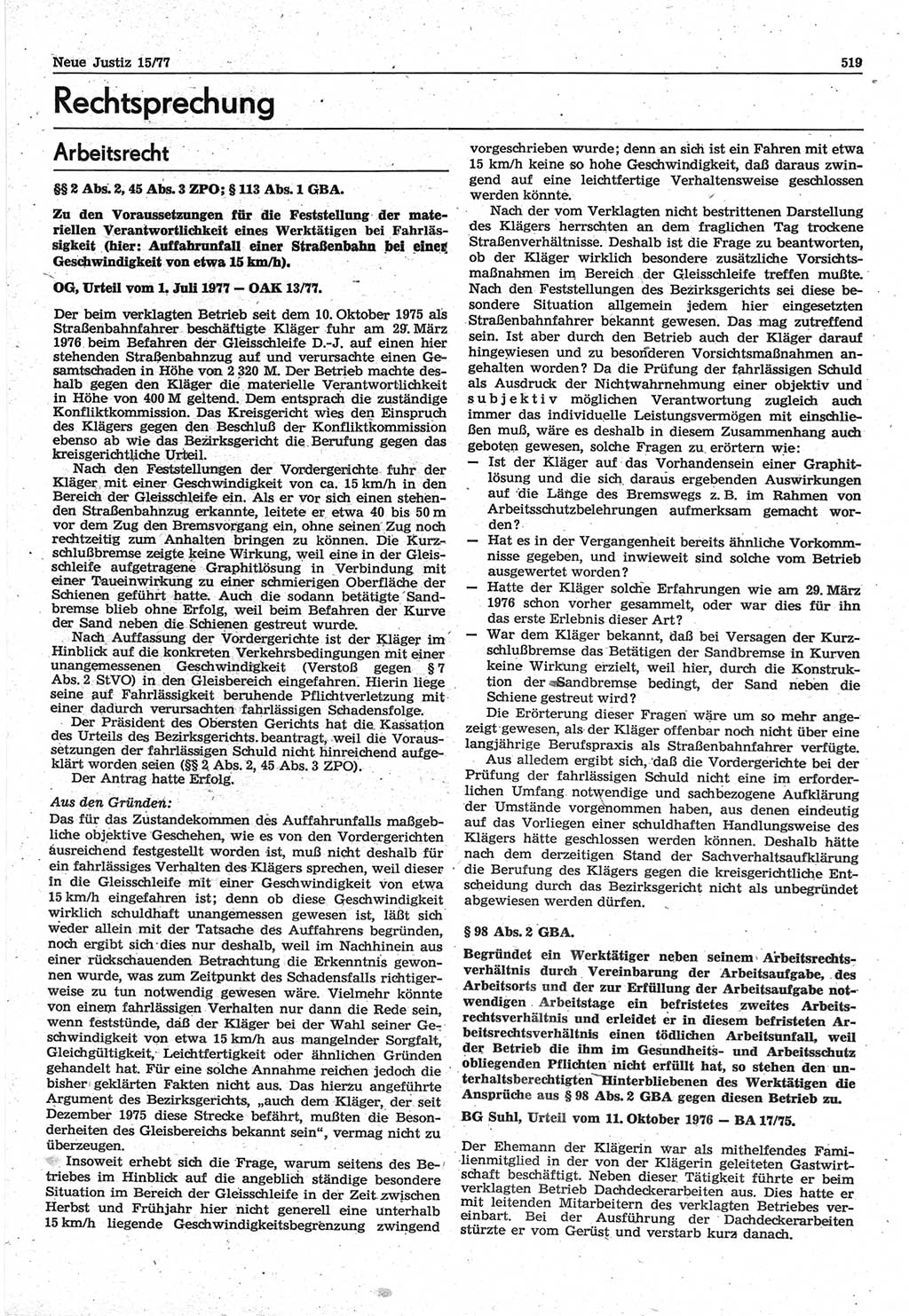 Neue Justiz (NJ), Zeitschrift für Recht und Rechtswissenschaft-Zeitschrift, sozialistisches Recht und Gesetzlichkeit, 31. Jahrgang 1977, Seite 519 (NJ DDR 1977, S. 519)