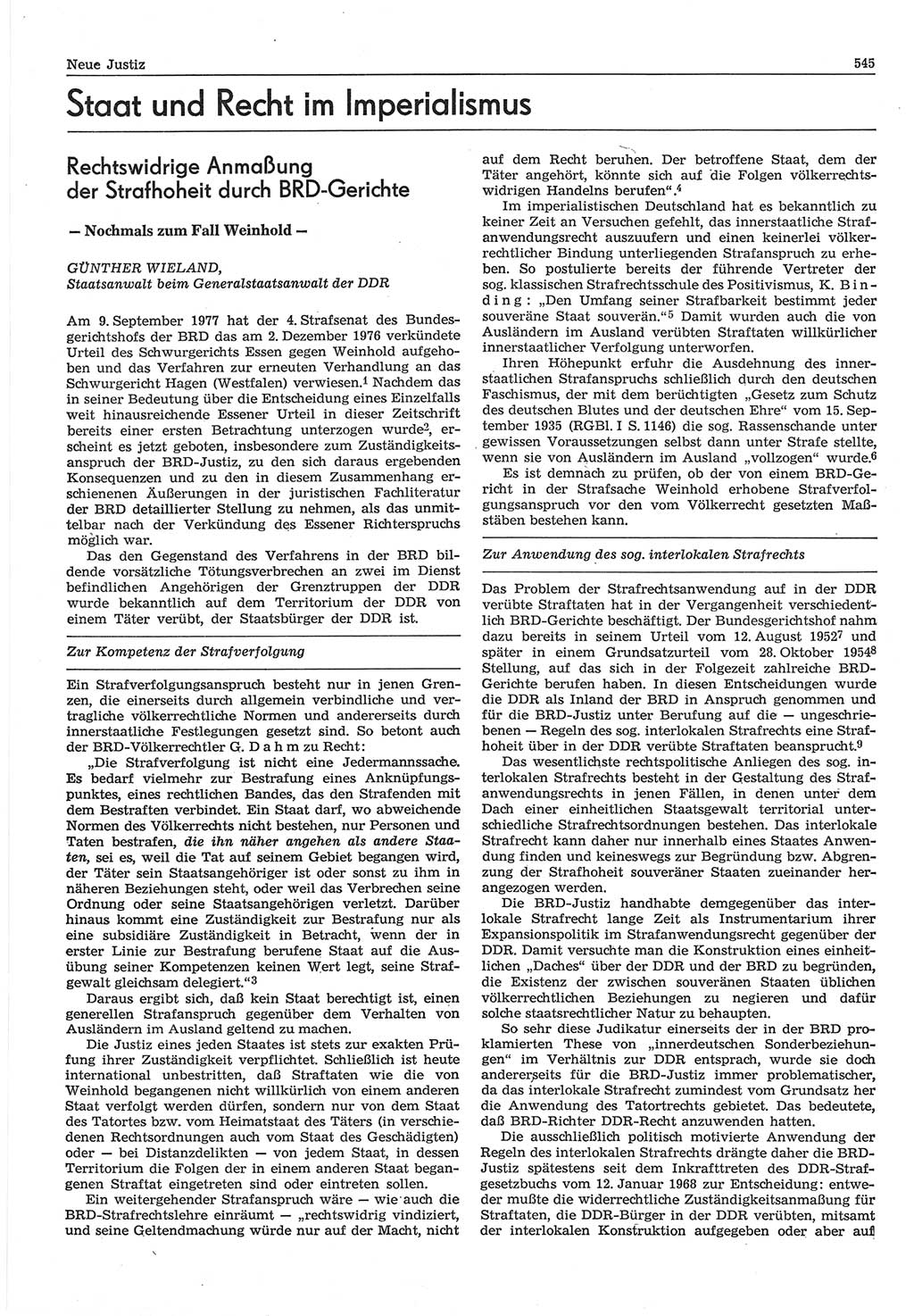Neue Justiz (NJ), Zeitschrift für Recht und Rechtswissenschaft-Zeitschrift, sozialistisches Recht und Gesetzlichkeit, 31. Jahrgang 1977, Seite 545 (NJ DDR 1977, S. 545)